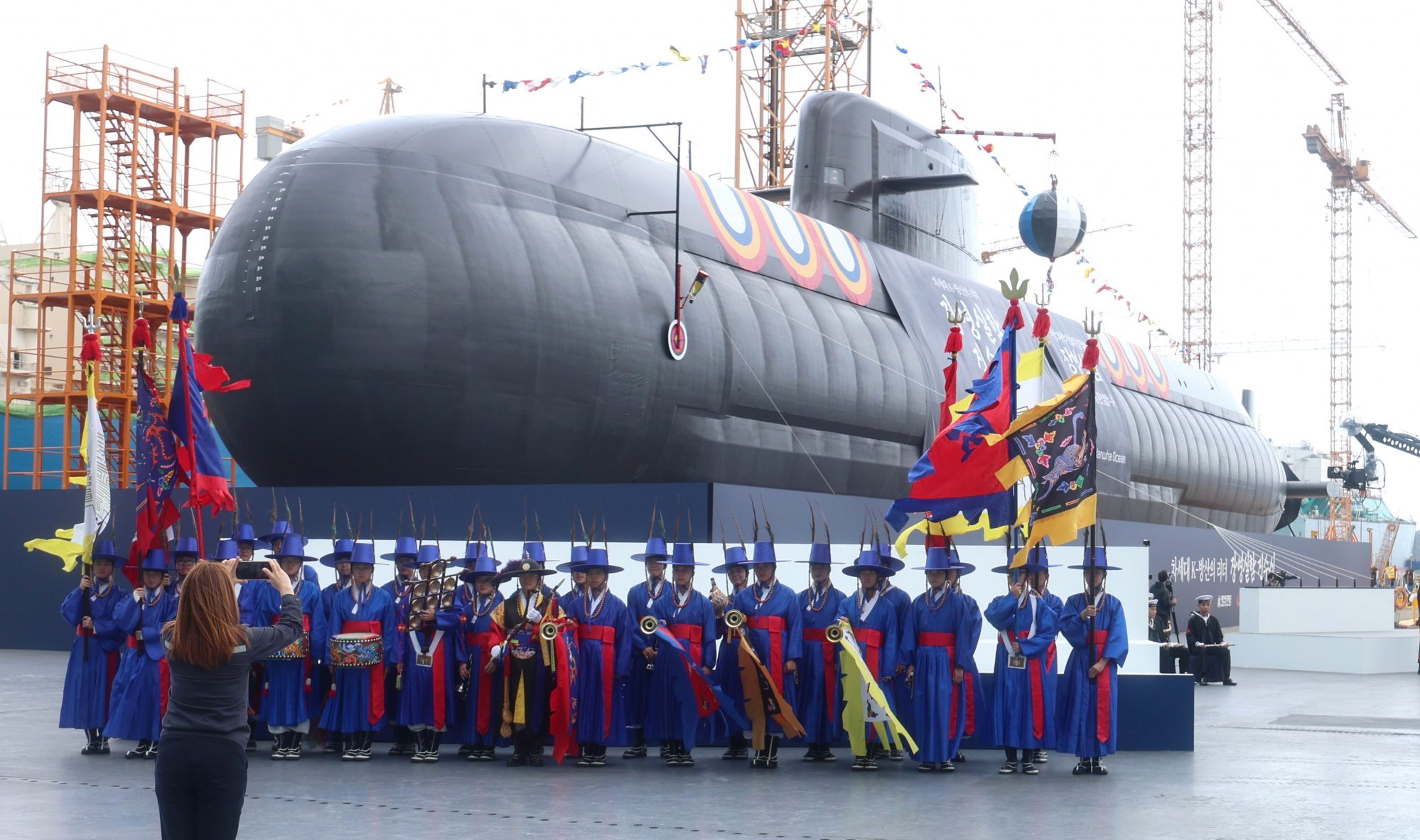 South Korea’s first 3,600-ton-class naval submarine is unveiled during a ceremony held at the Hanwha Ocean dockyard, in Geoje, South Korea, on October 22. Photo: EPA/Yonhap South Korea’s first 3,600-ton-class naval submarine is unveiled during a ceremony held at the Hanwha Ocean dockyard, in Geoje, South Korea, on October 22. Photo: EPA/Yonhap