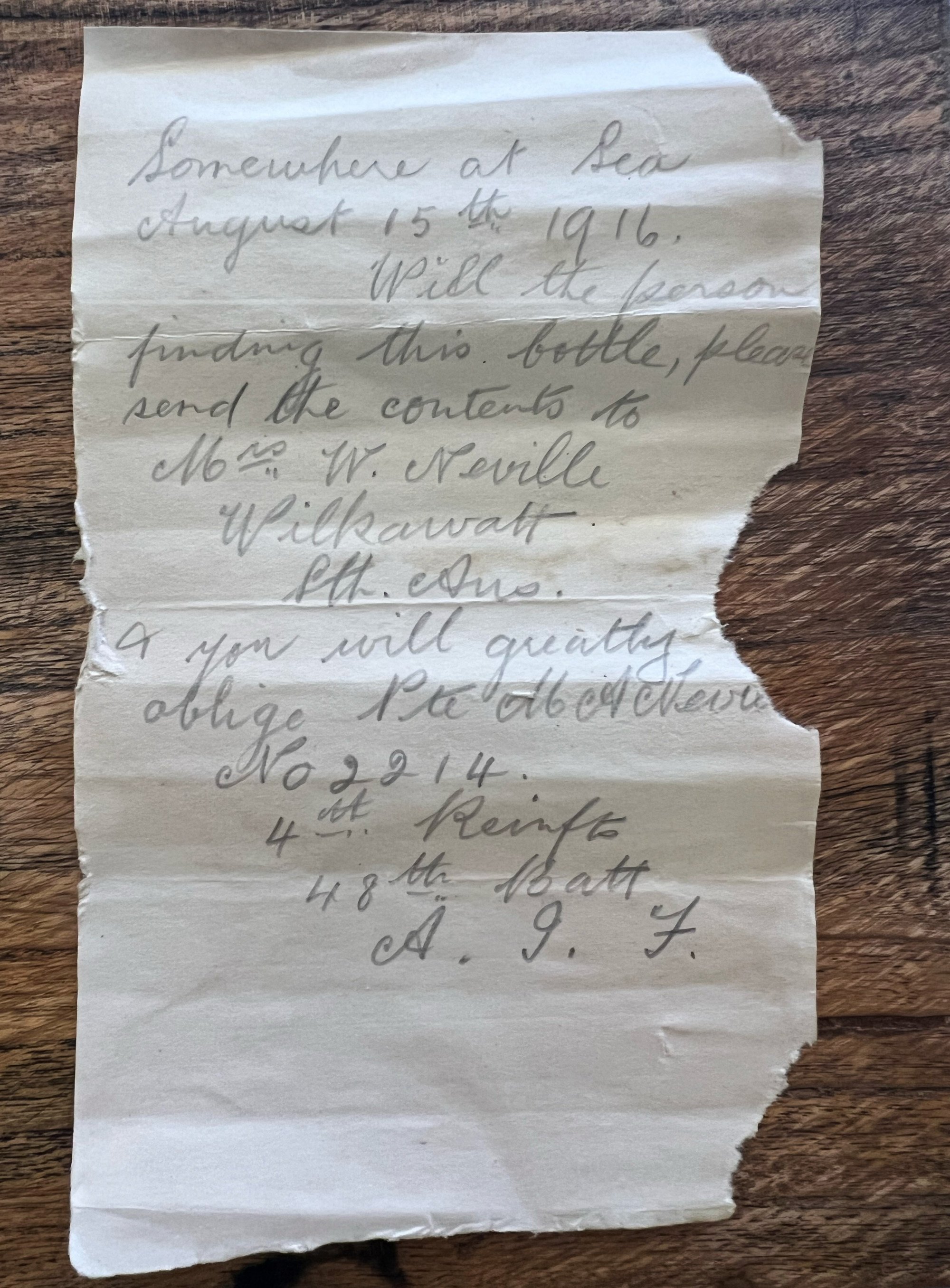 A letter discovered in a bottle in Condingup, Australia earlier this month. Photo: Deb Brown/AP A letter discovered in a bottle in Condingup, Australia earlier this month. Photo: Deb Brown/AP
