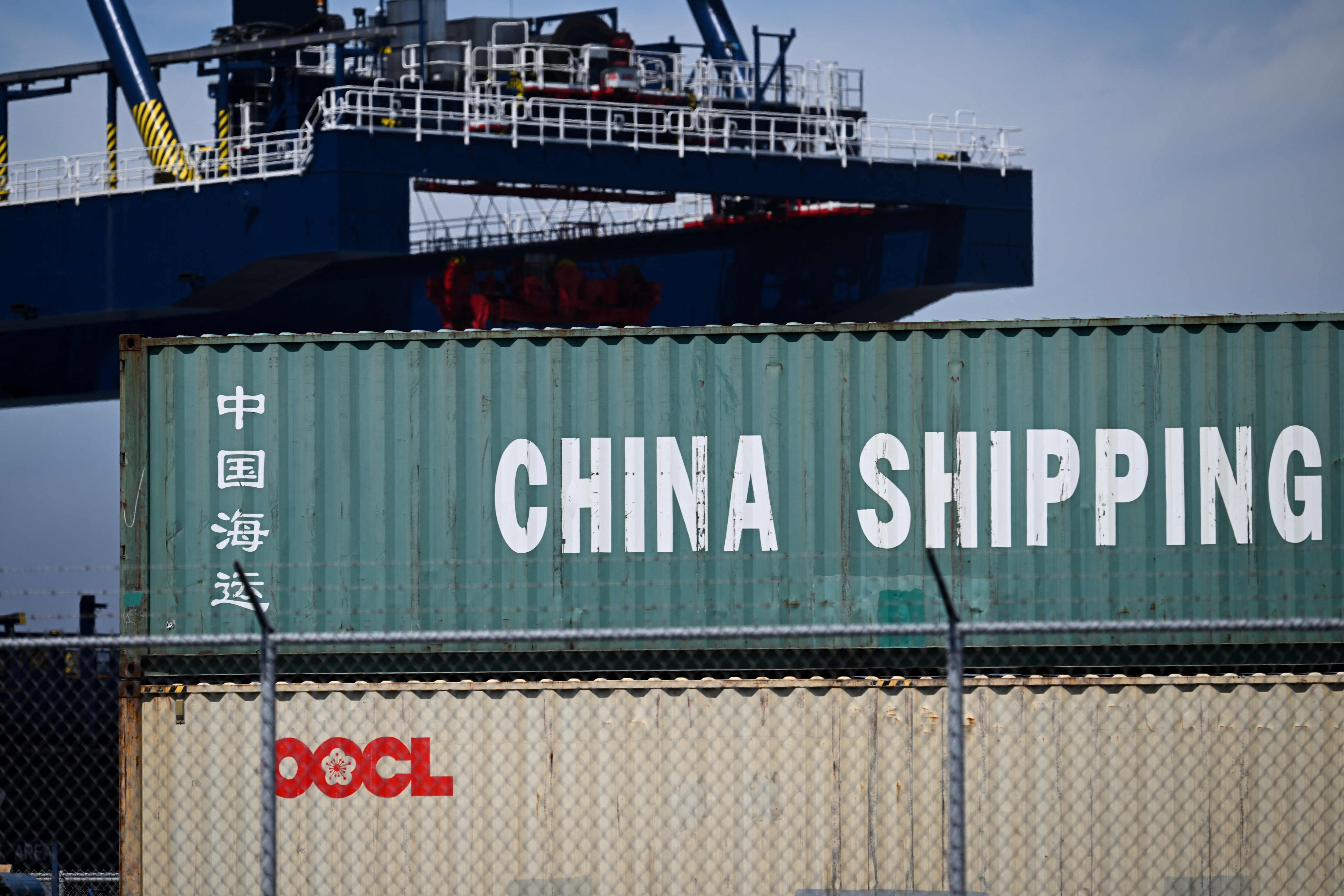 A China Shipping cargo container sits stacked at the Port of Long Beach in California earlier this year. Washington and Beijing have agreed to suspend port fees for a year. Photo: AFP