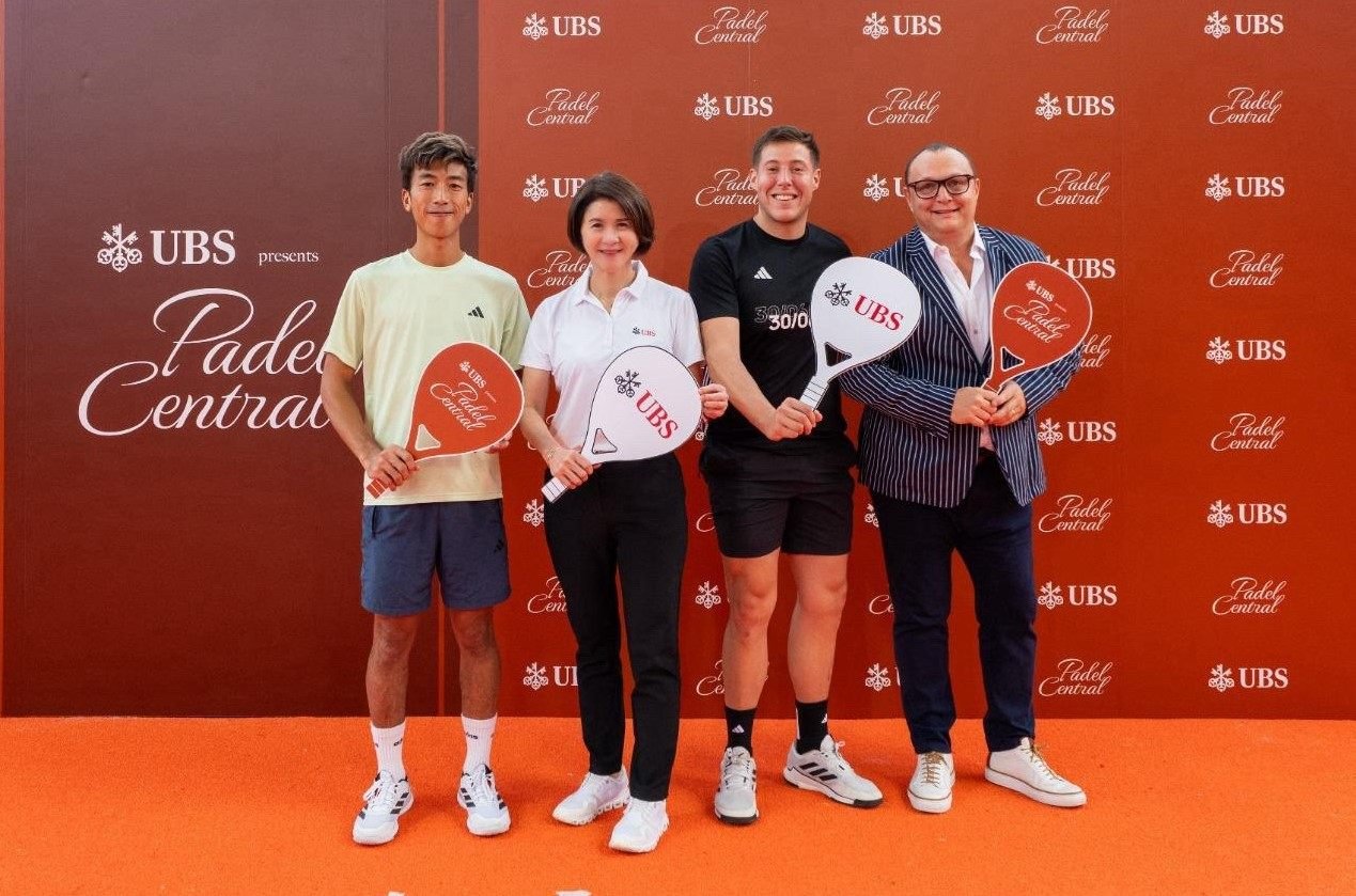 (From left) Vincent Chau, Hong Kong’s top padel player, Amy Lo, chairman, UBS global wealth management Asia, head and chief executive, UBS Hong Kong, Asier Gago, former coach of Japan’s national padel team and Michael Denmark, founder and chairman of the Great Entertainment Group at the Padel Central opening event.