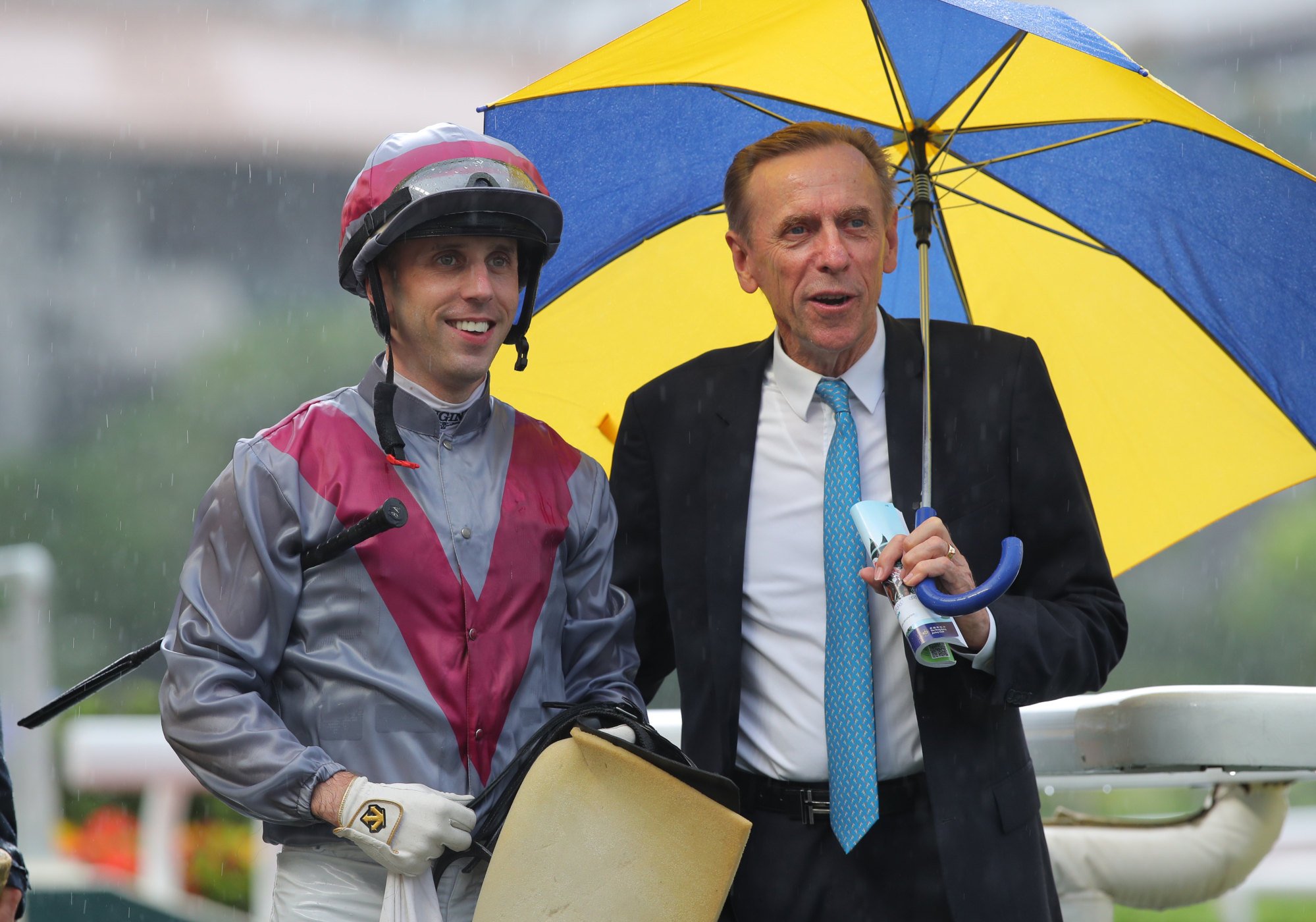 Jockey Brenton Avdulla and trainer John Size celebrate the latter’s last win on September 21.