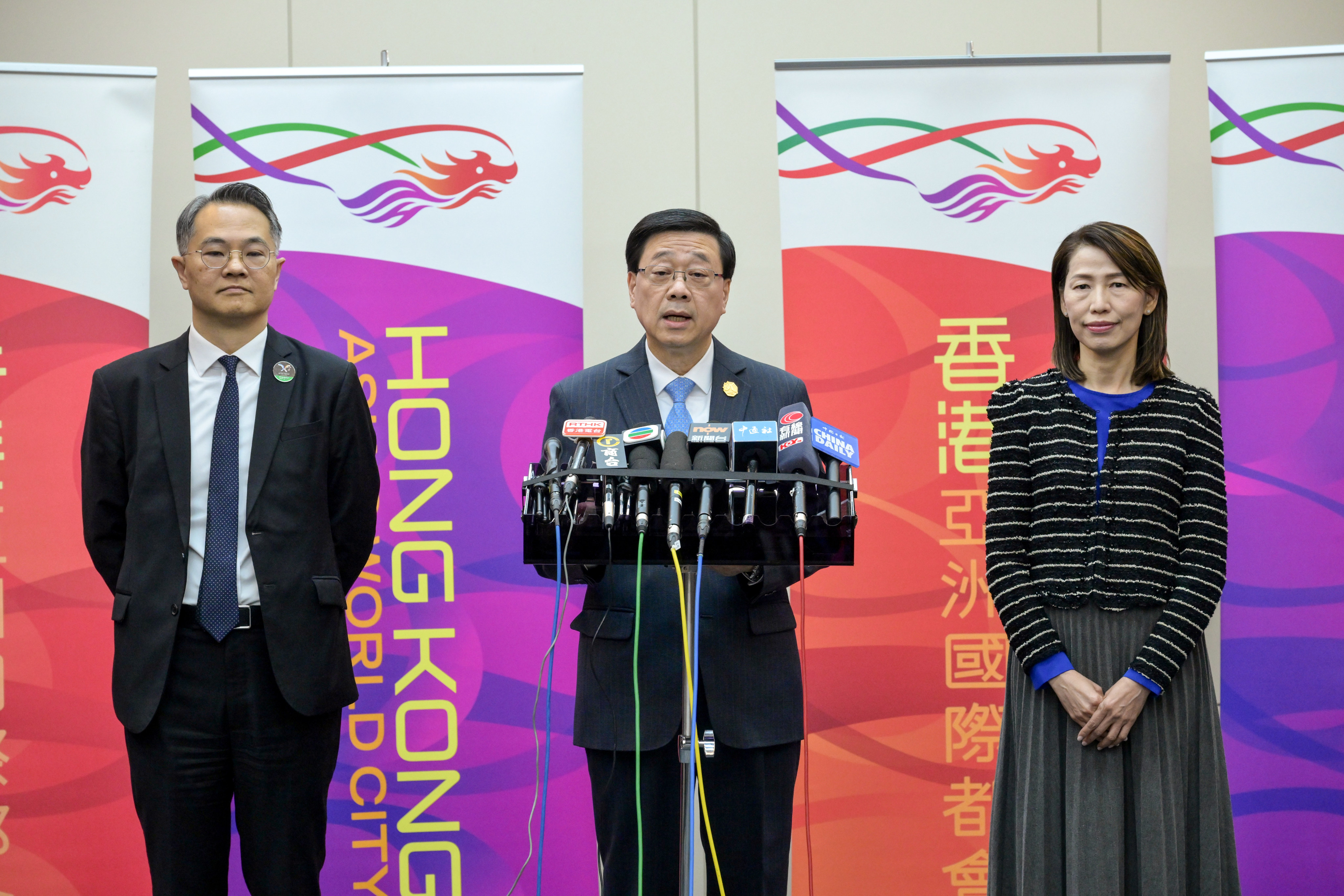 John Lee (centre), with Director-General of Trade and Industry Aaron Liu and Chief Executive’s Office director Carol Yip, in Gyeongju. Photo: Hong Kong