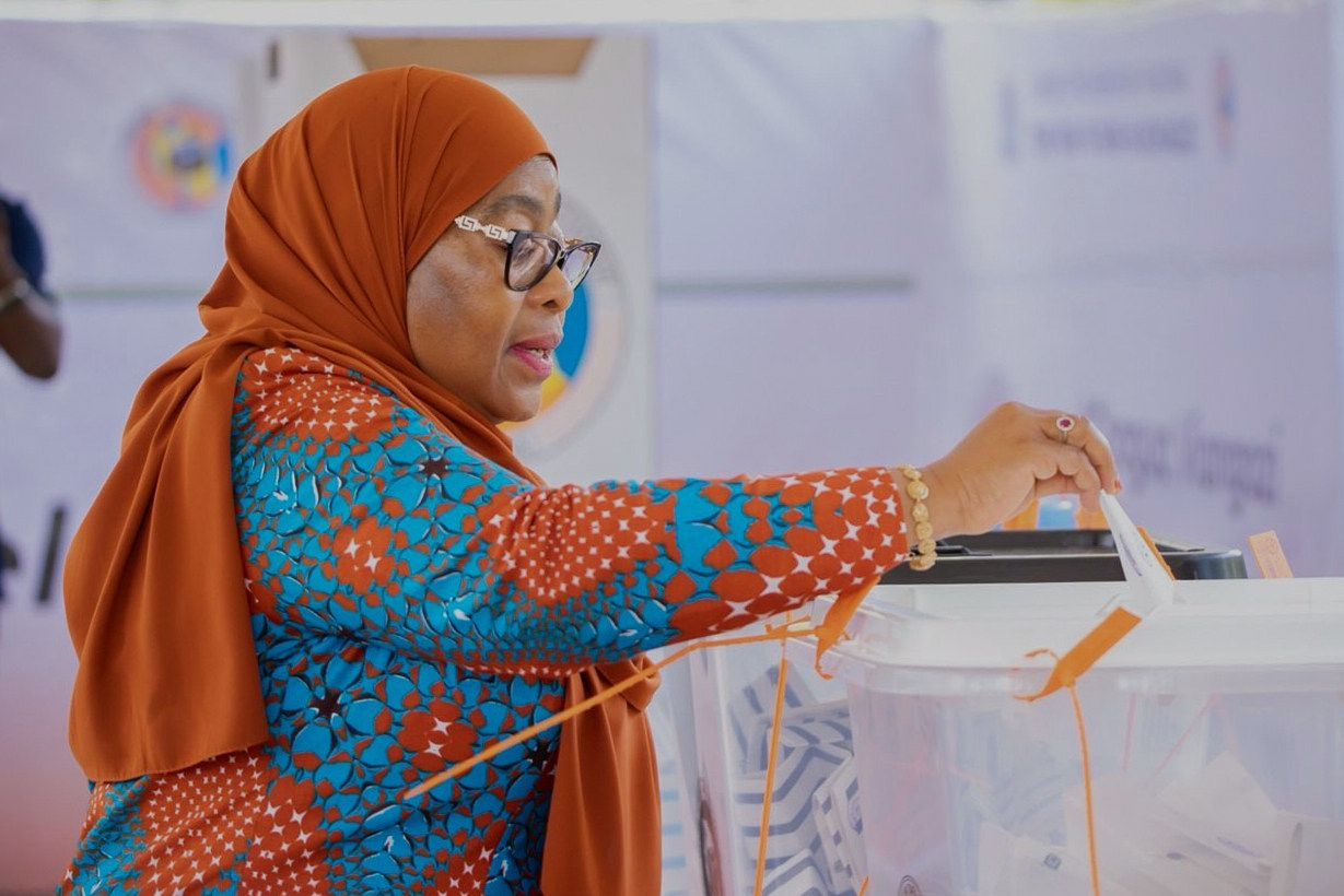 Tanzanian President Samia Suluhu Hassan casts her vote during the general elections on Wednesday. Photo: AP