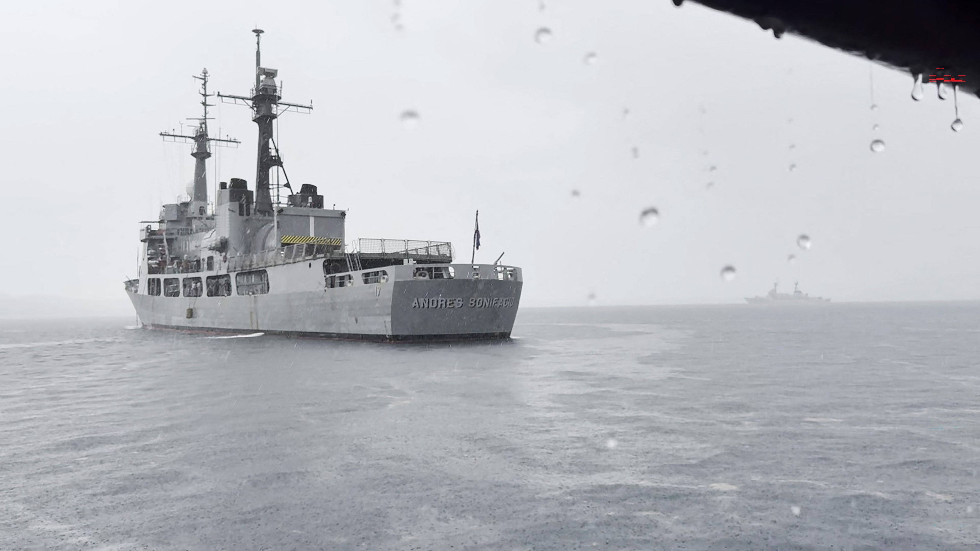A screenshot shows a Philippine navy vessel anchored at Oyster Bay naval facility in Palawan province, West of Manila in June. Photo: AFP