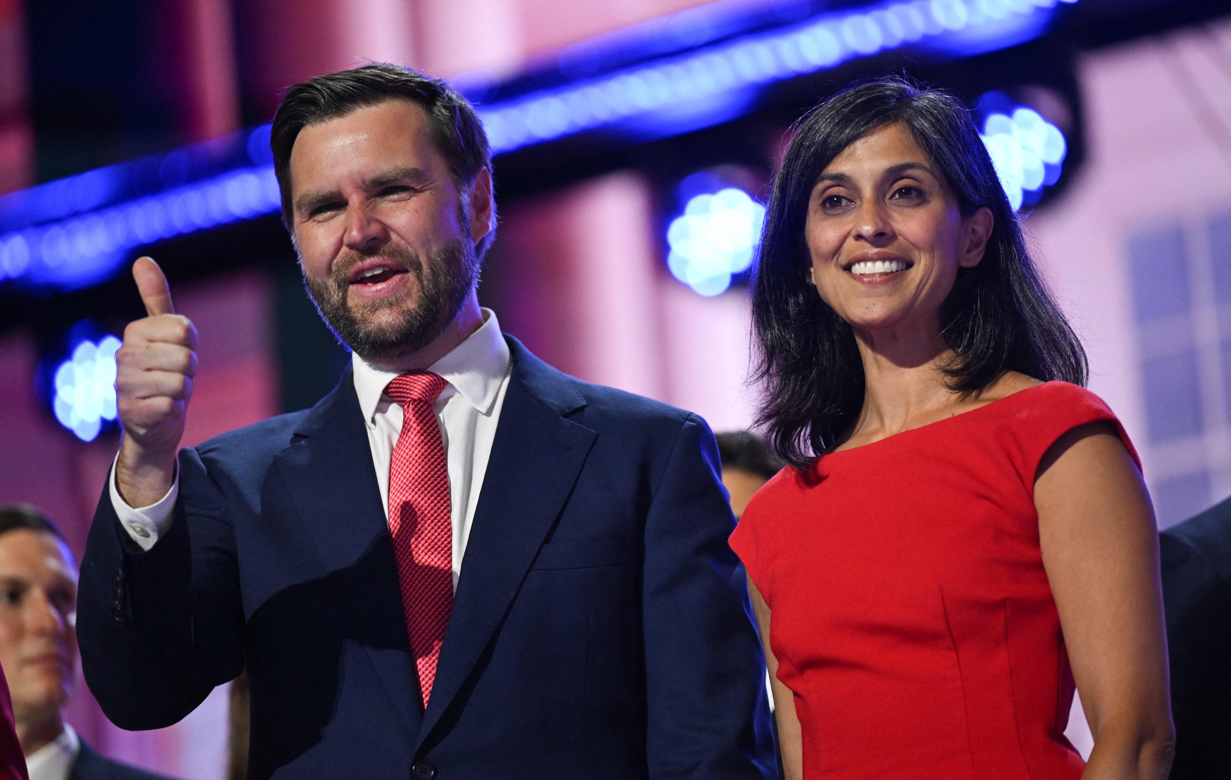 J.D. Vance and his wife, Usha Vance, stand on stage on the last day of the Republican National Convention in Milwaukee, Wisconsin, in July 2024. Photo: AFP