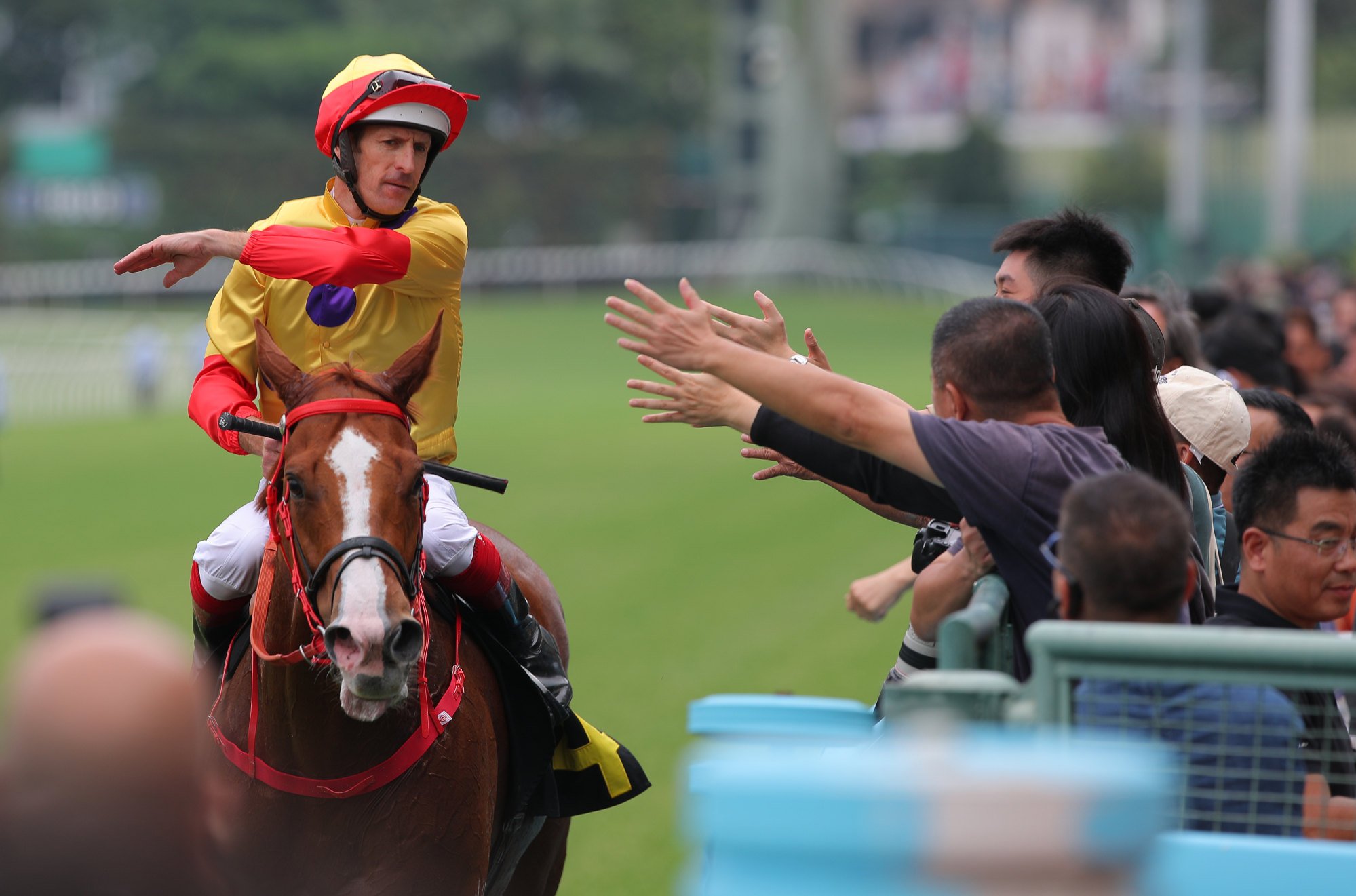 Hugh Bowman high-fives the Valley crowd after booting home Fantastic Fun.