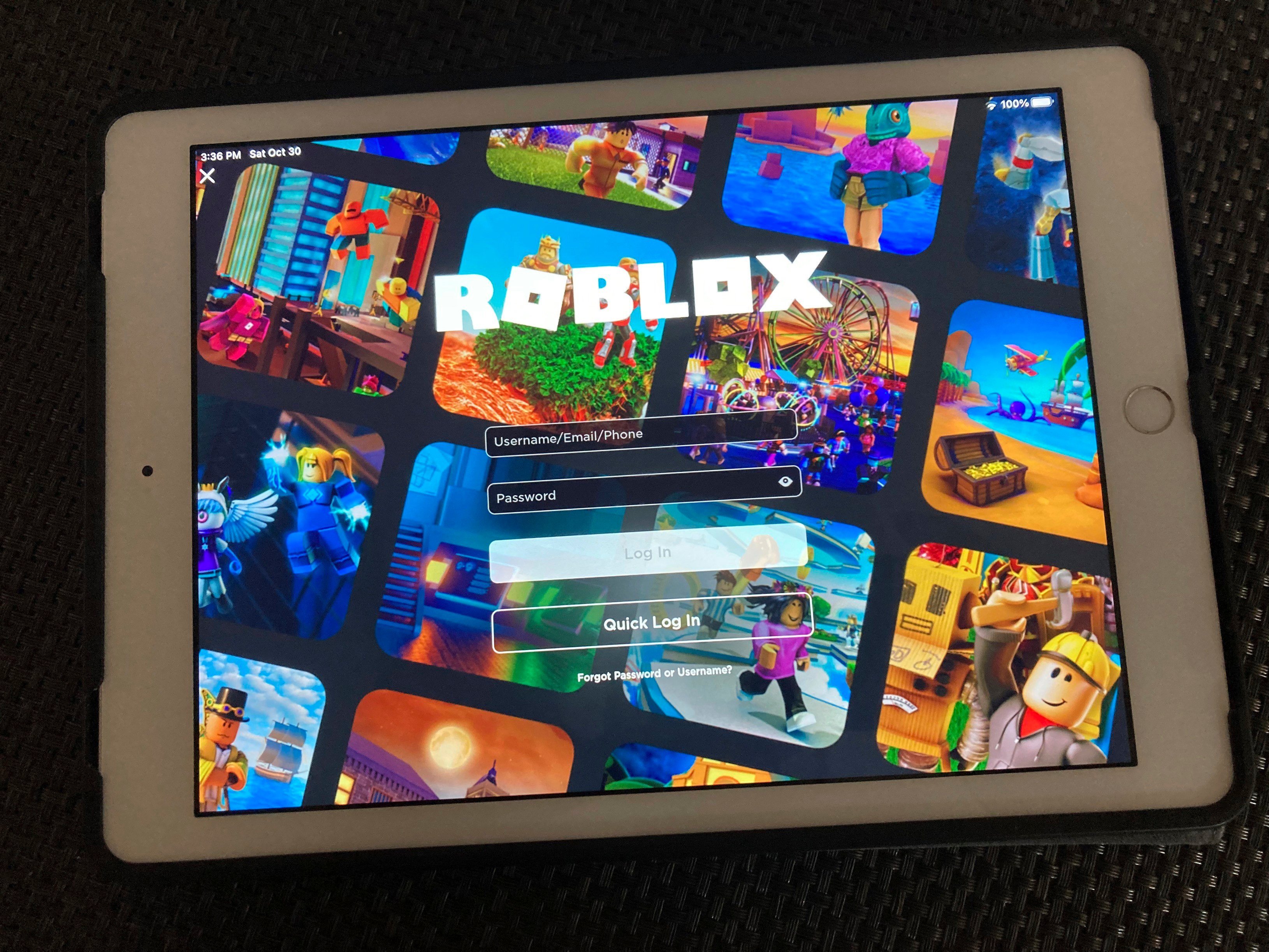 The Roblox sign in page is displayed on a tablet. Photo: AP