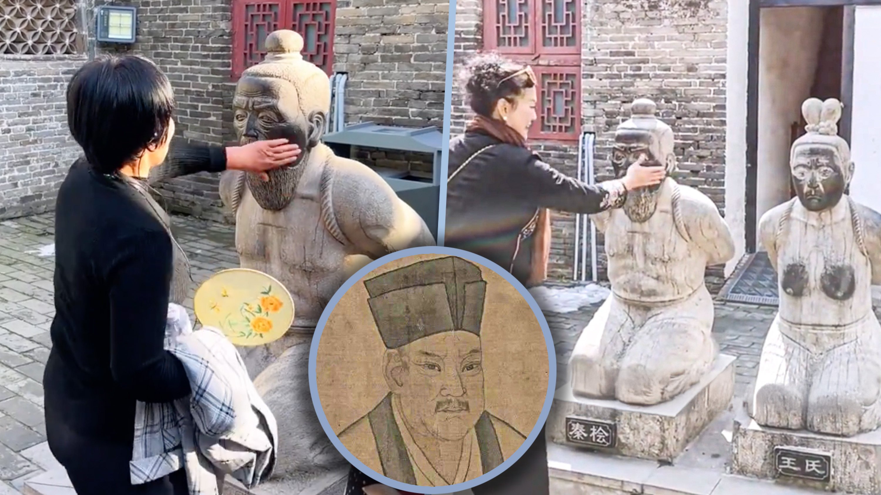 For over 500 years, statues of Qin Hui, a Song dynasty chancellor, have faced public scorn through slaps and insults, symbolising widespread disdain for his betrayal in Chinese history. Photo: SCMP composite/RedNote/Wikipedia