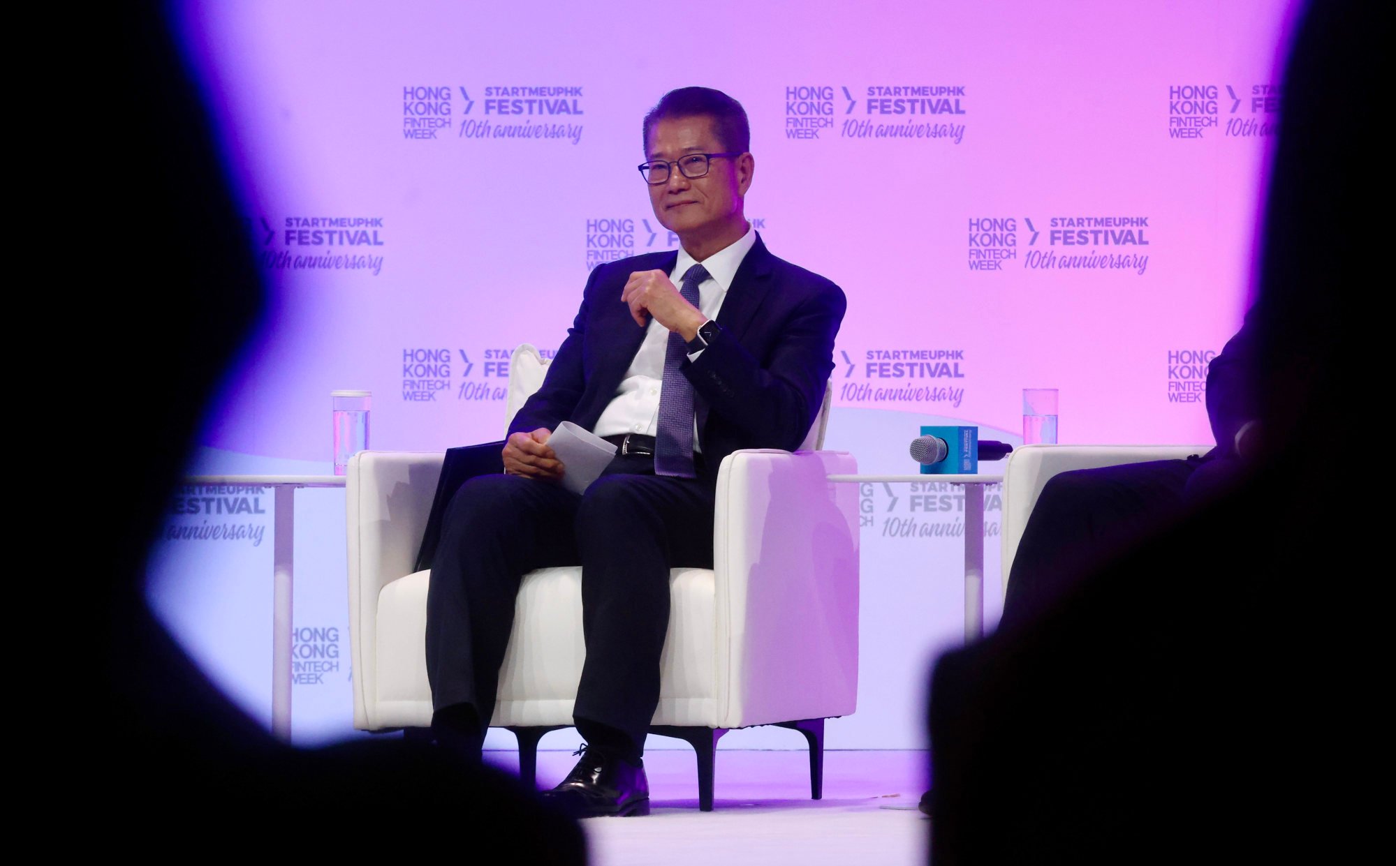 Financial Secretary Paul Chan speaks at the Hong Kong Fintech Week conference on Monday. Photo: Jonathan Wong