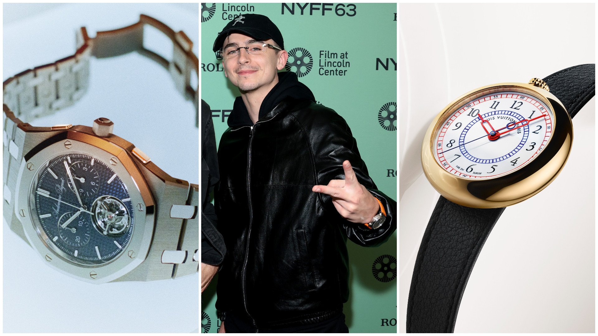 From left: Audemars Piguet releases a new Royal Oak chronograph with an improved reset system; Timothée Chalamet promotes his new film with an Urban Jürgensen on the wrist; Louis Vuitton taps its first ever watch for the Monterey. Photos: Handout; Getty Images