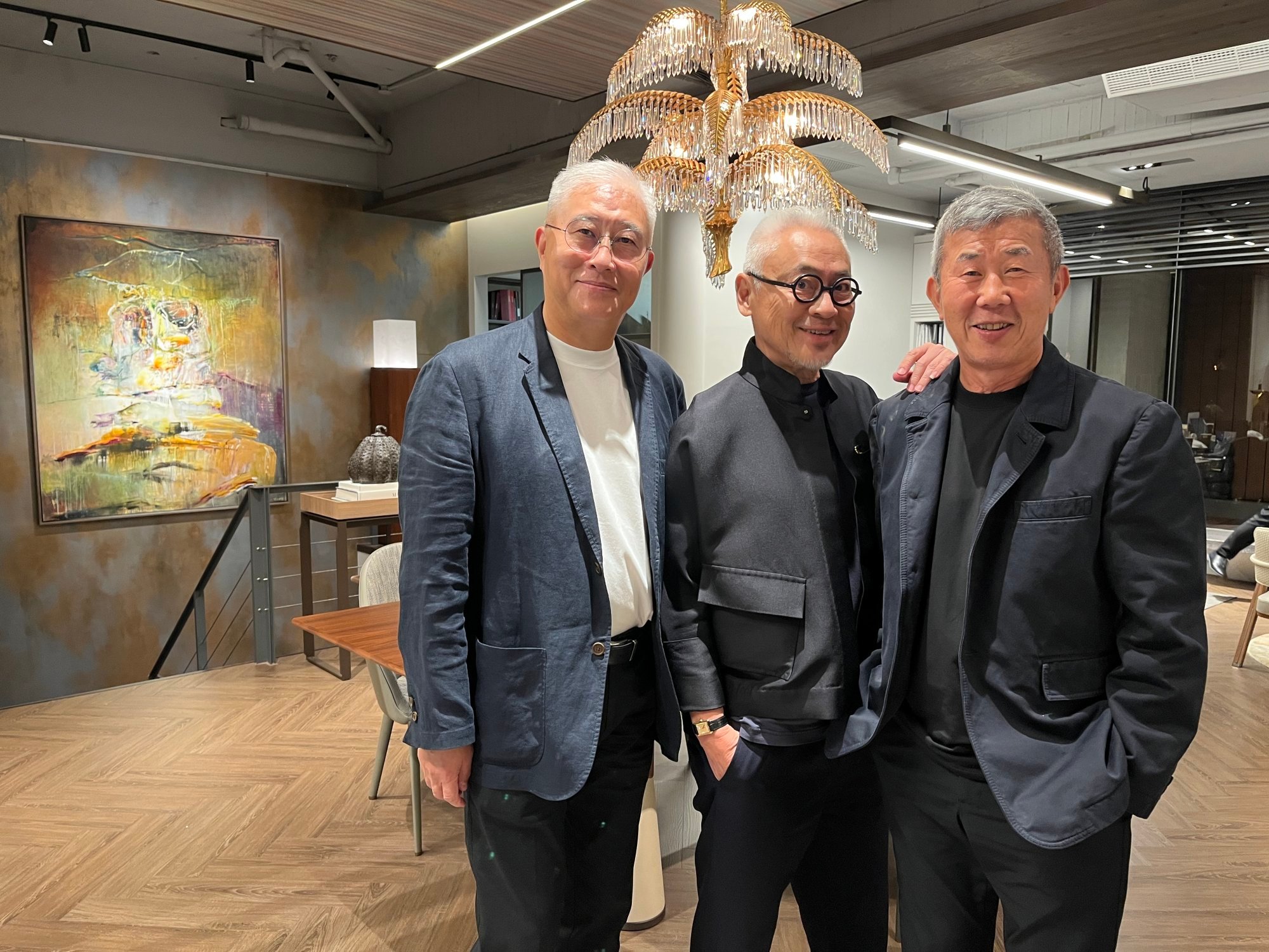 (From left) Art collectors Lorries Chang, Alexander Yang An and Rudy Tseng Wen-chuan at the opening of A Collector's Eye at Yi&C Interiors in Taipei on October 23, 2025. Photo: Enid Tsui
