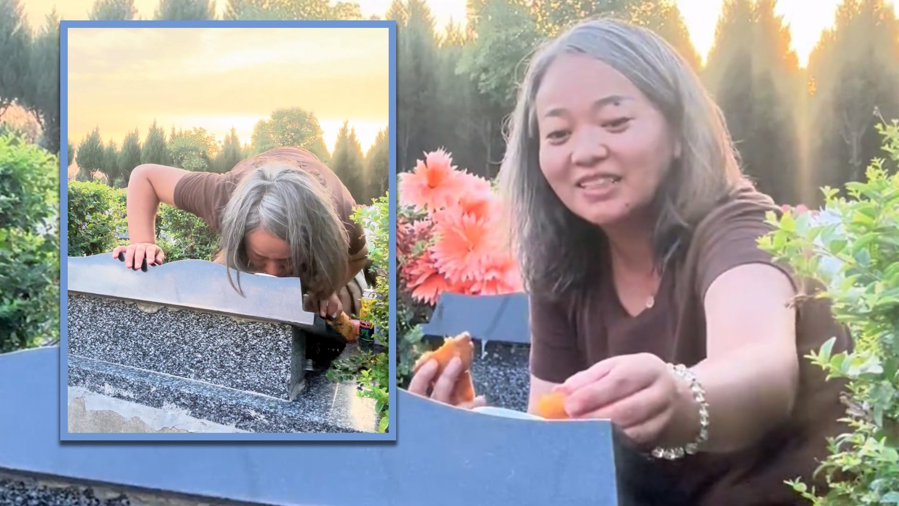 A Chinese mother has gone viral for visiting her three-year-old son’s grave, sharing her grief and kissing his gravestone. Photo: SCMP composite/Douyin