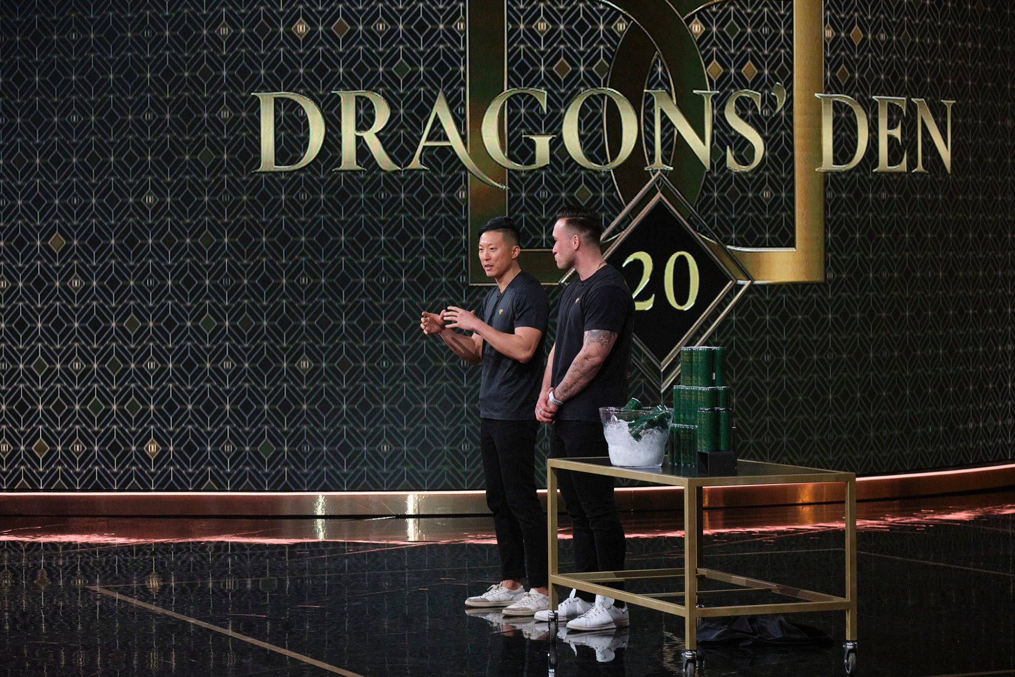 Chen (left) and Pham pitch their drink to Dragons' Den judges. Photo: Triple X.O.G.