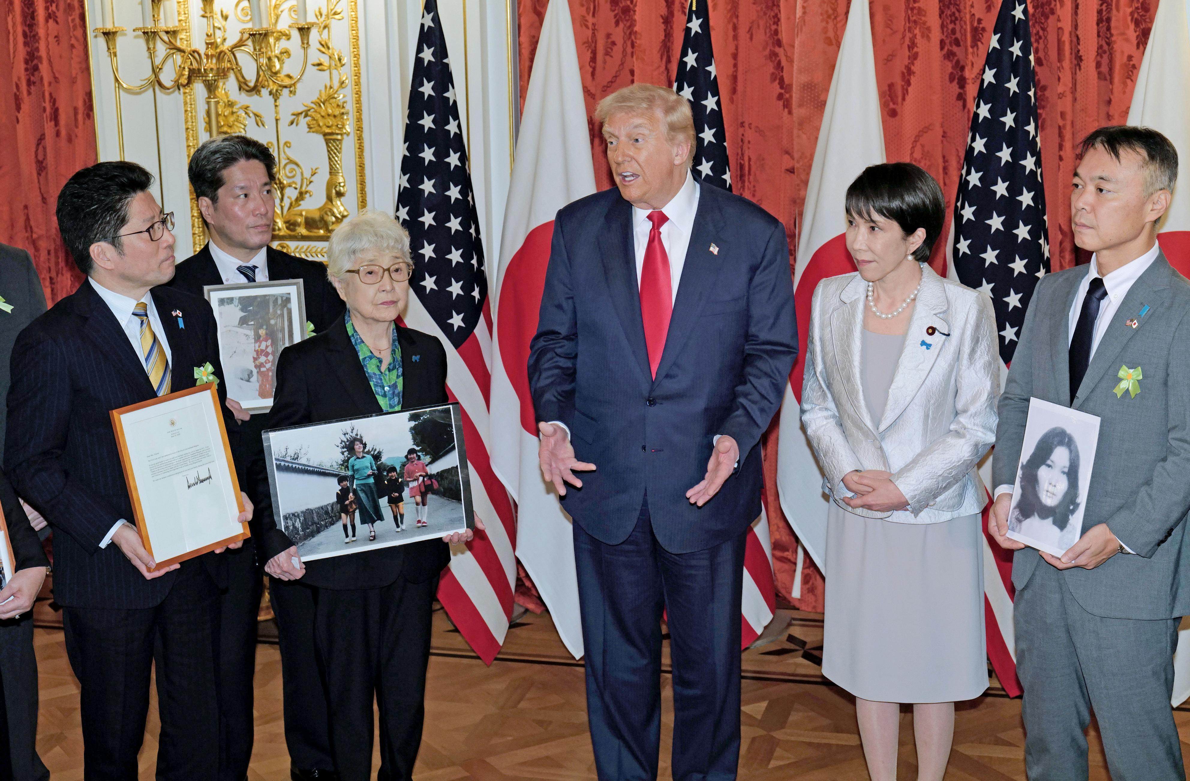 US President Donald Trump and Japanese Prime Minister Sanae Takaichi meet the families of Japanese nationals abducted by North Korea decades ago, at the State Guest House in Tokyo last month. Photo: Kyodo
