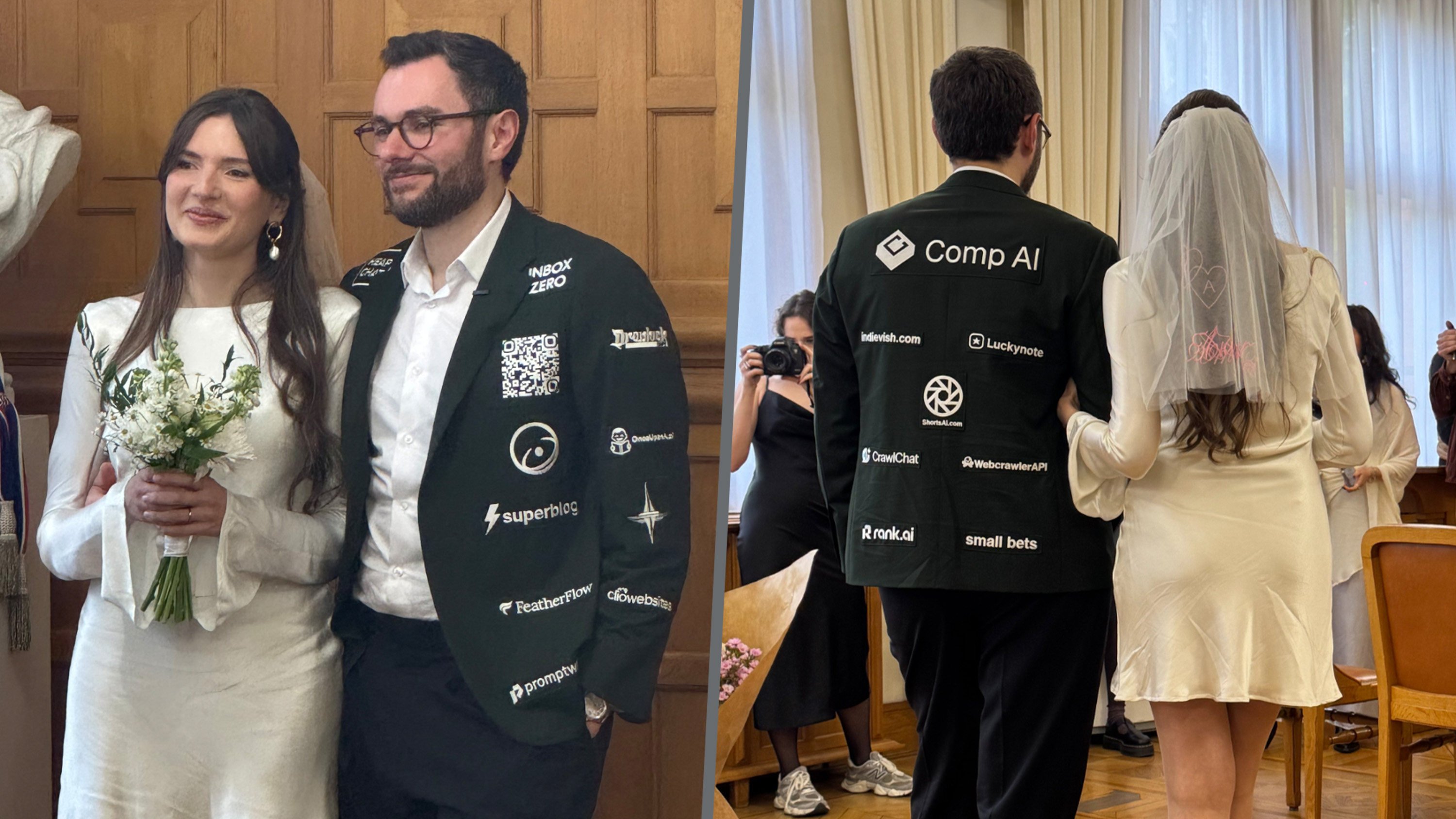 A groom in France who sold advertising space on his wedding suit raised US$10,000 from 26 startup companies. Photo: SCMP composite/X.com@dagorenouf