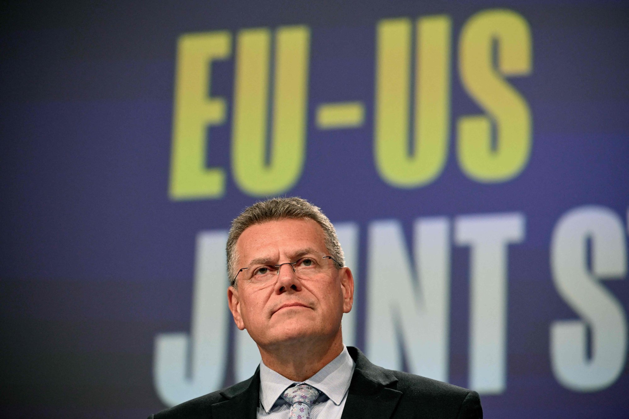 EU Commissioner for Trade and Economic Security, Interinstitutional Relations and Transparency Maros Sefcovic looks on during a press conference on the EU-US tariffs deal at the European Commission in Brussels, on August 21. Photo: Agence France-Presse