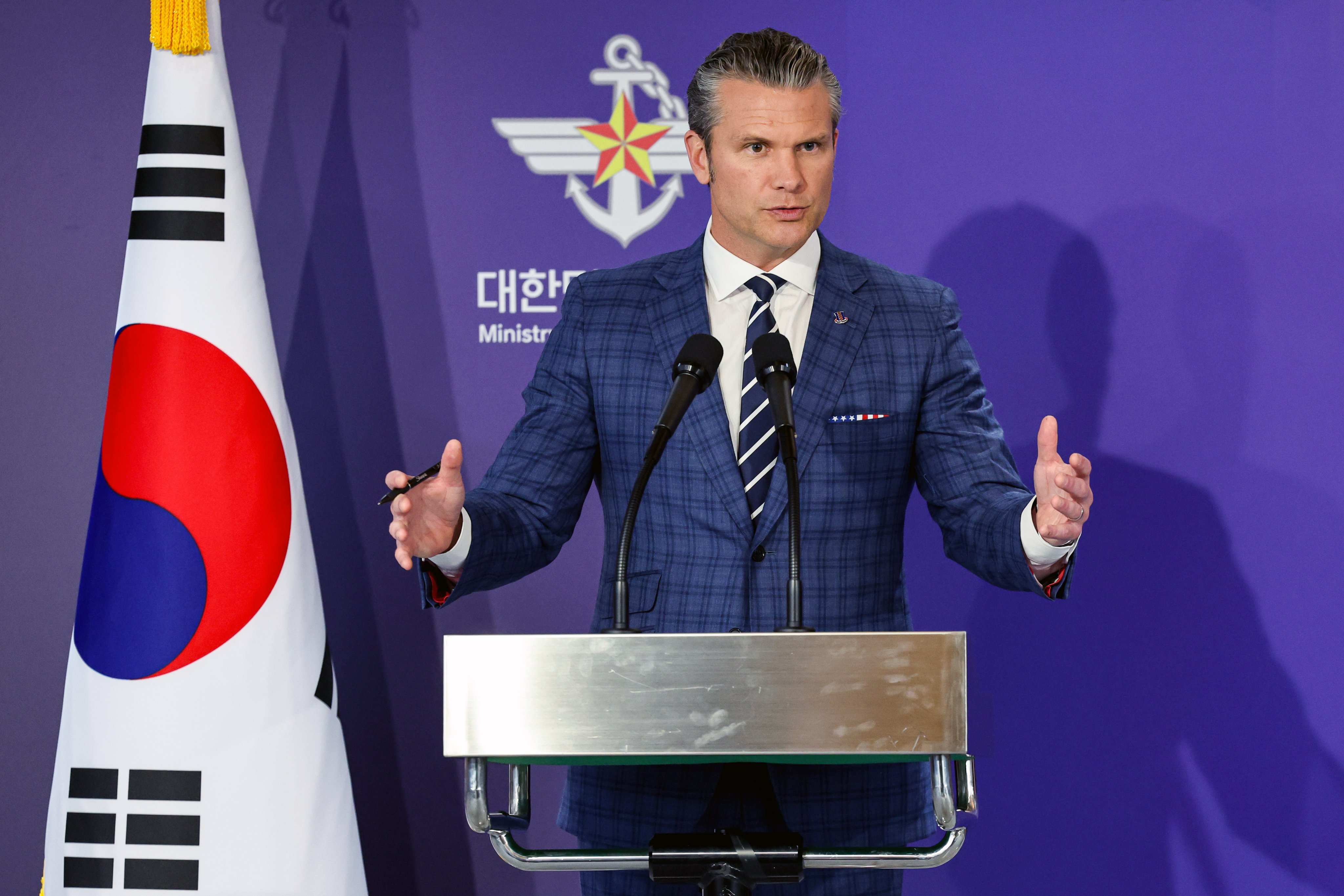 US Defence Secretary Pete Hegseth speaks during a conference in Seoul, South Korea, on Tuesday. Photo: EPA