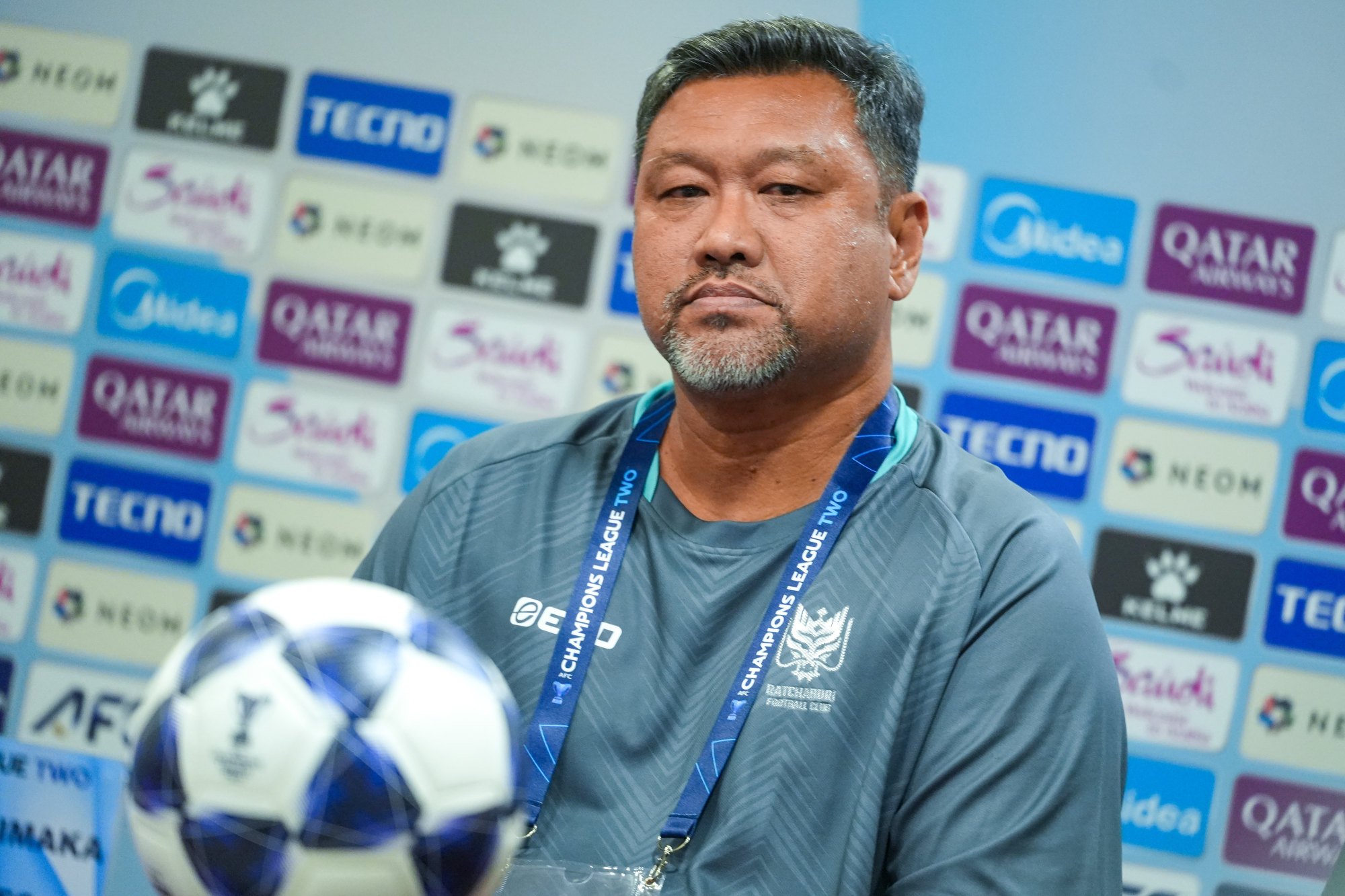 Worrawoot Srimaka, the Ratchaburi coach, appears at Tuesday's press conference. Photo: Sun Yeung