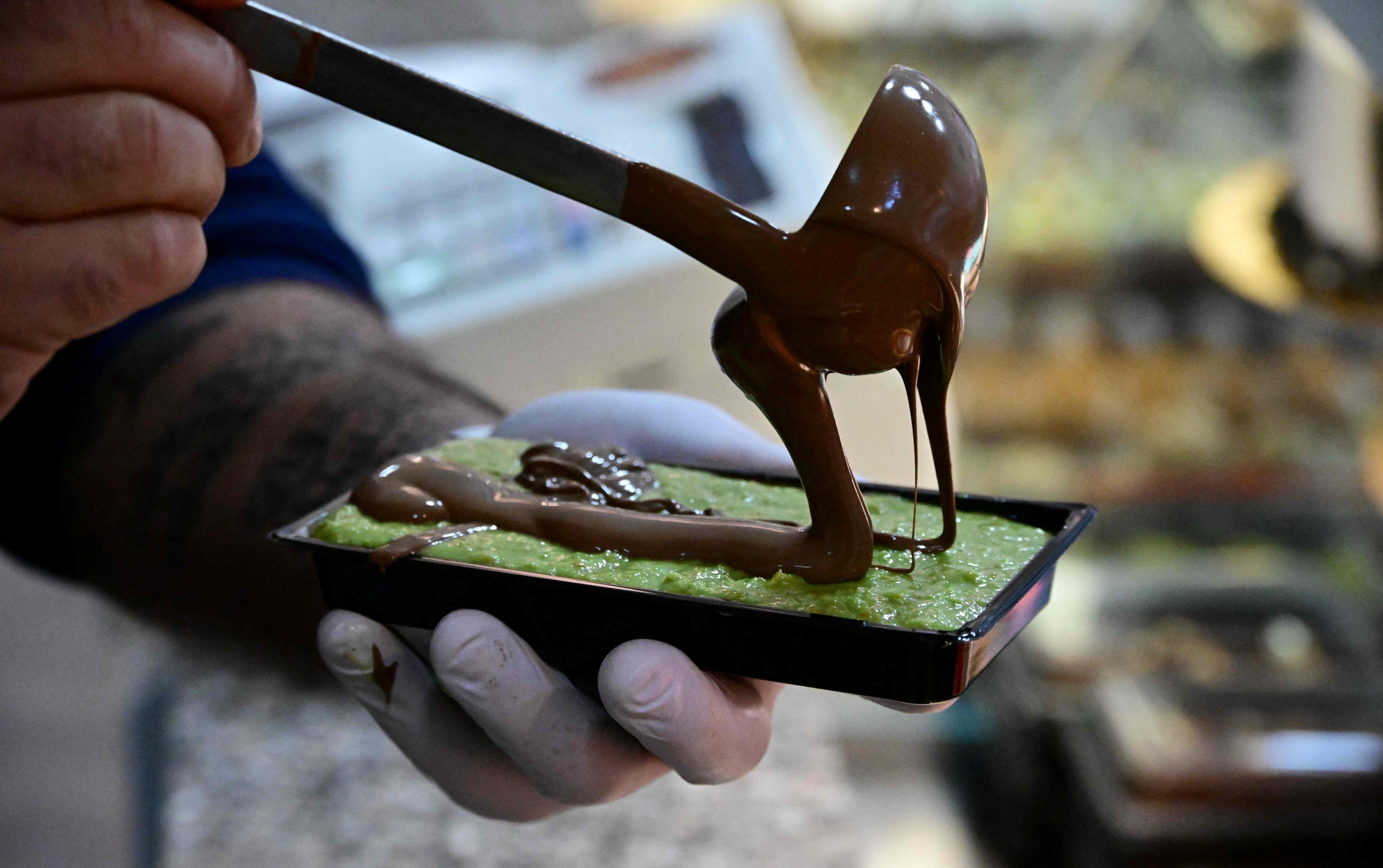 The Dubai chocolate bar is a sweet treat that combines milk chocolate with crispy “kataifi” pastry and pistachio cream. Photo: AP