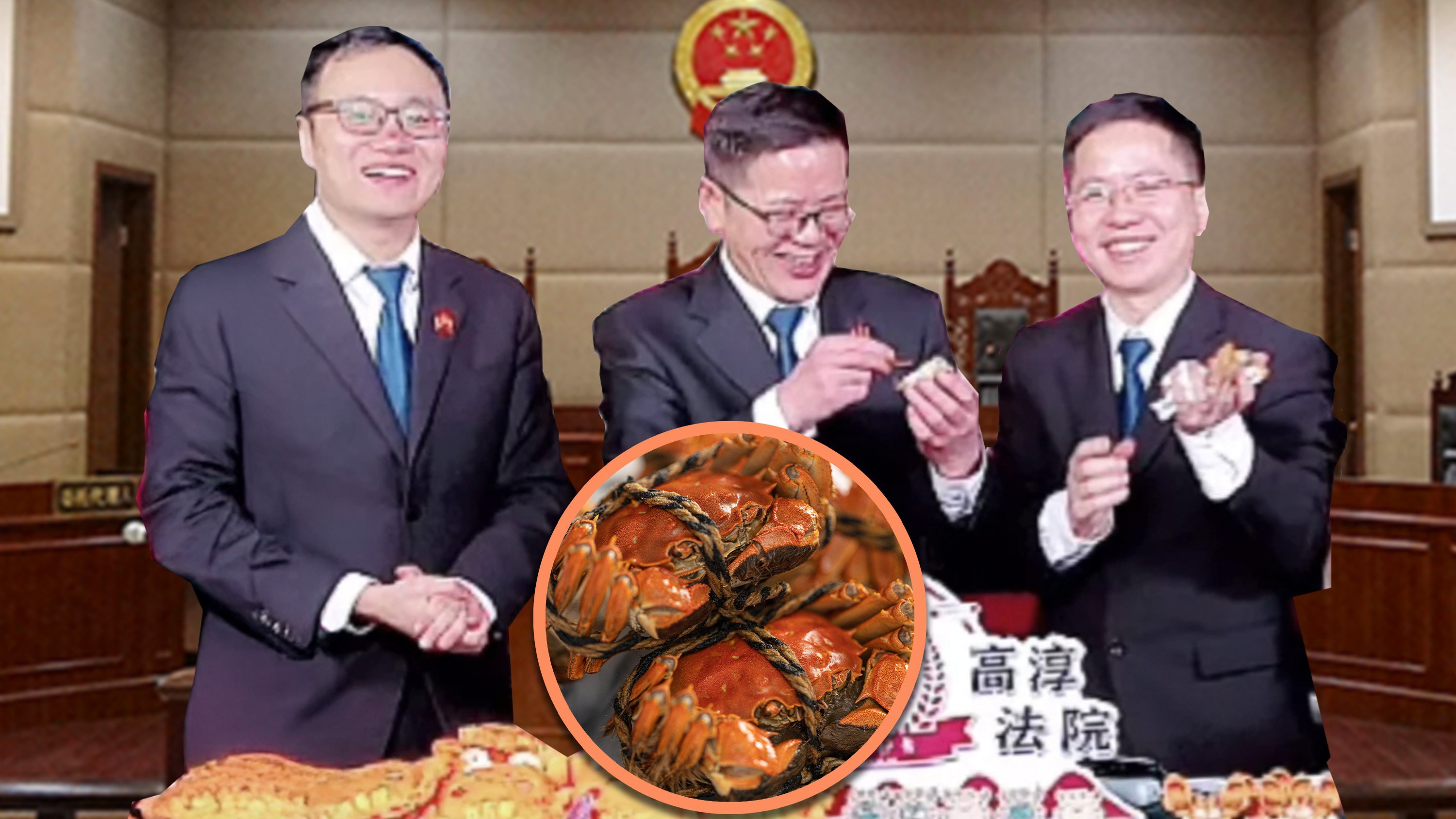 Judges at a court in China attracted 200,000 online viewers when they live-streamed themselves selling crabs to help family pay off their debts. Photo: Shutterstock/Douyin/Sohu