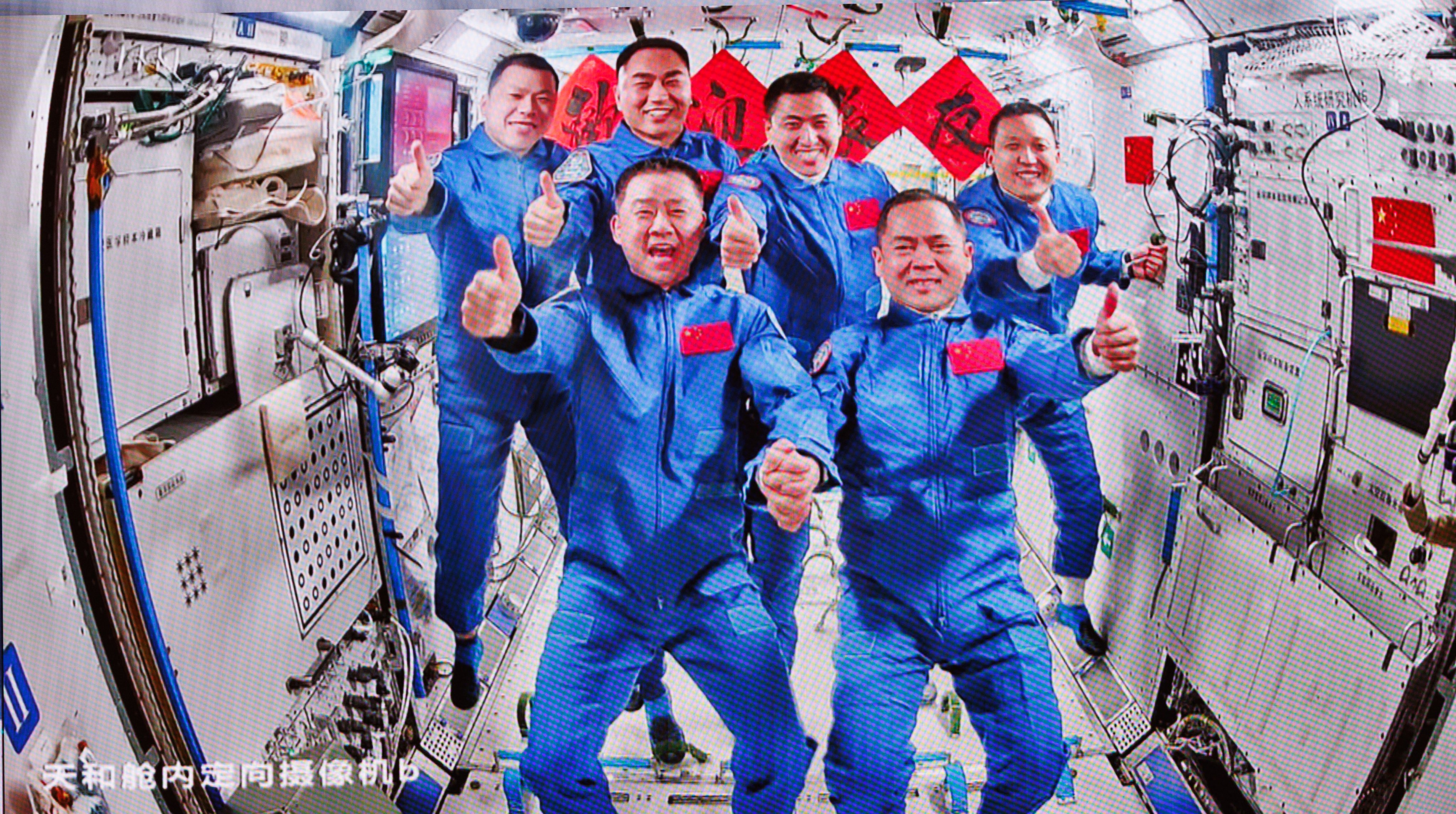 The crew of the Shenzhou-20 and Shenzhou-21 pictured together on board the Tiangong space station on November 1. Photo: Xinhua