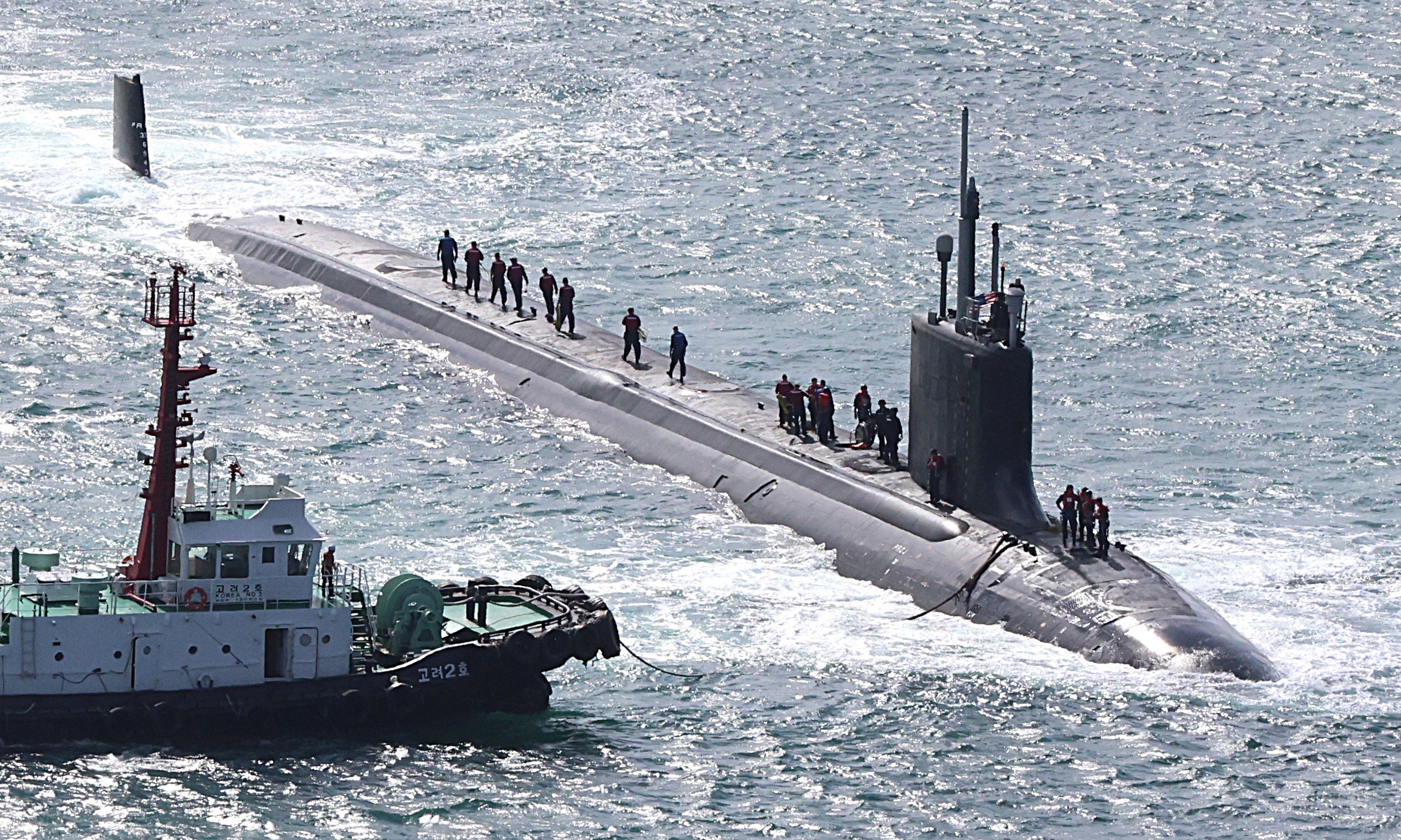 The USS Vermont, a fast attack nuclear submarine, enters a naval base in Busan, South Korea. Photo: Yonhap/AP