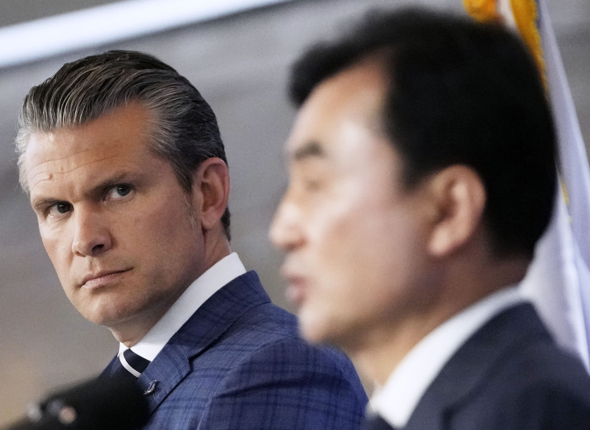 US Defence Secretary Pete Hegseth looks at South Korean Defence Minister Ahn Gyu-back during a joint press conference in Seoul on Tuesday. Photo: Kyodo US Defence Secretary Pete Hegseth looks at South Korean Defence Minister Ahn Gyu-back during a joint press conference in Seoul on Tuesday. Photo: Kyodo