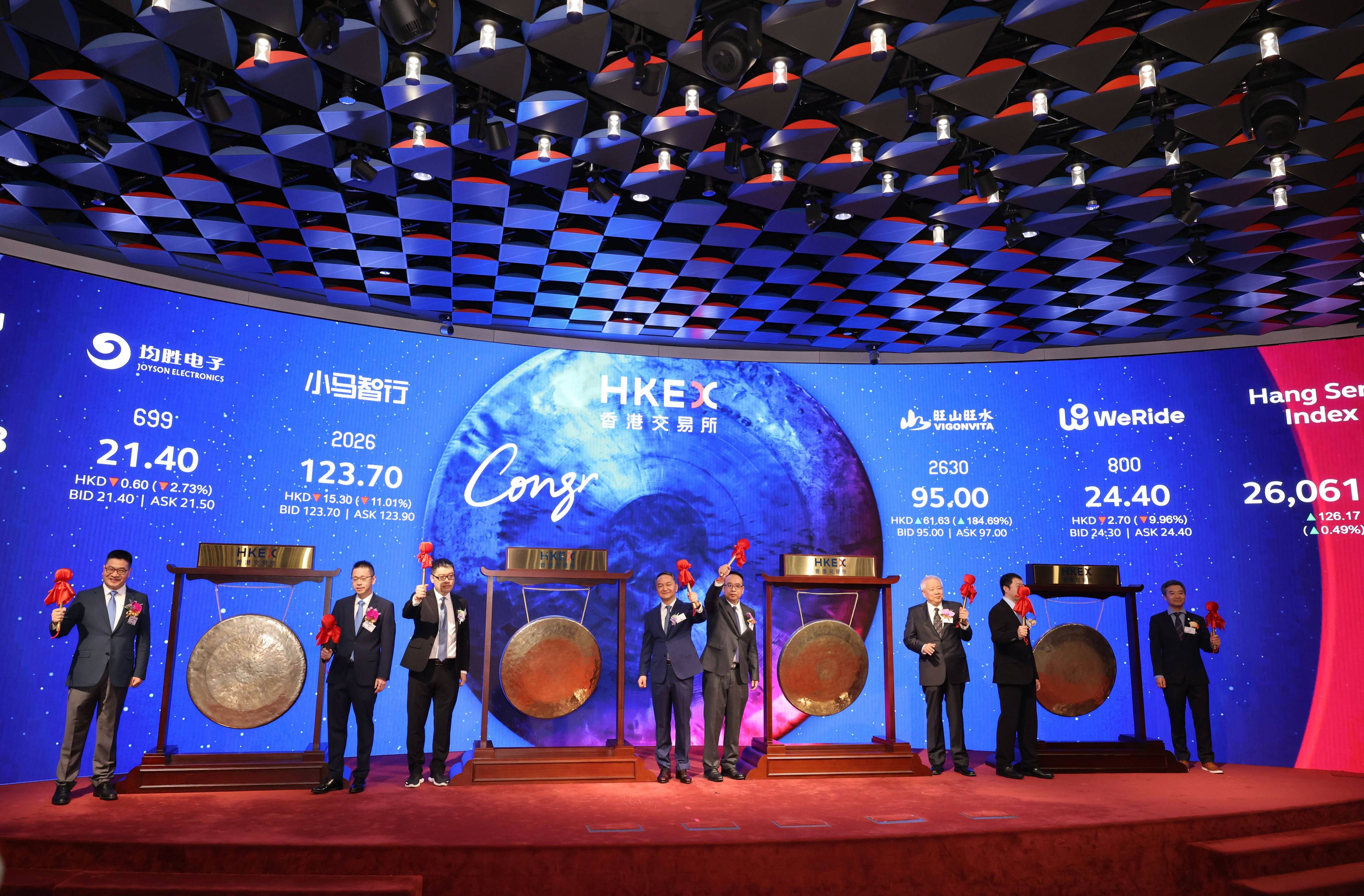 Executives of Ningbo Joyson Electronic, Pony.ai, Vigonvita Life Sciences and WeRide participate in a gong-striking ceremony to mark the listings of their companies on the Hong Kong stock exchange on November 6, 2025. Photo: Nora Tam
