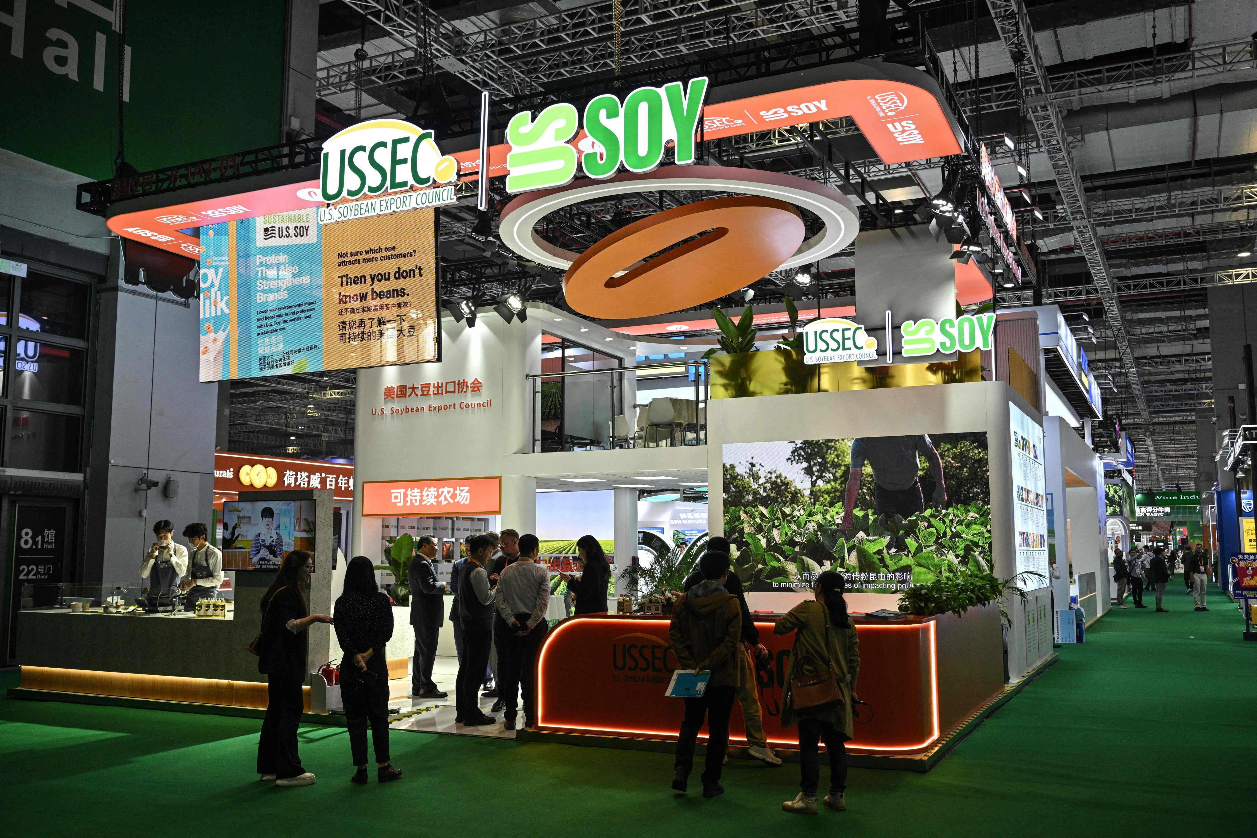 The US Soybean Export Council’s stand is seen at the China International Import Expo in Shanghai on Wednesday. Photo: AFP