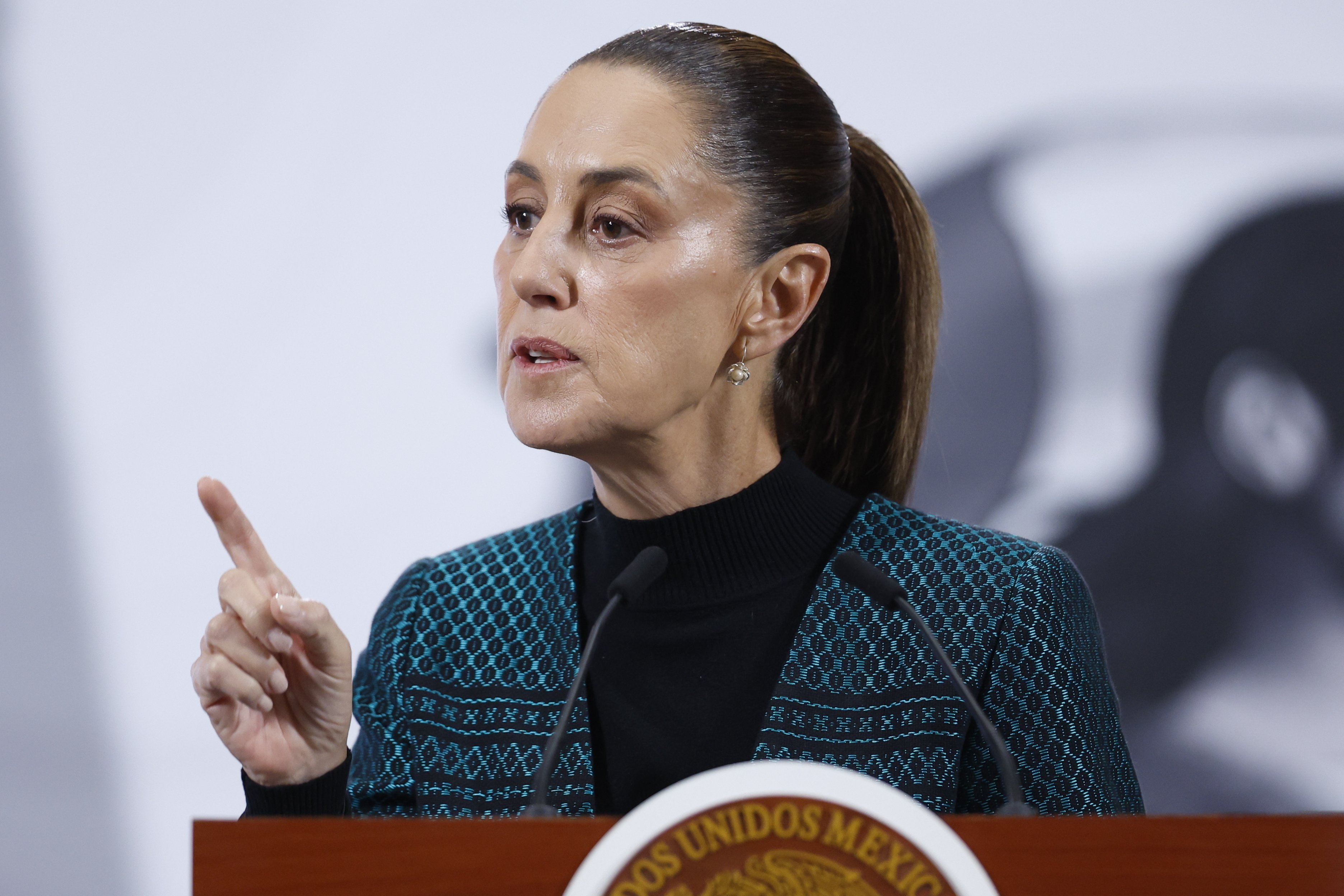 Mexican President Claudia Sheinbaum speaks during a press conference at the National Palace on Tuesday. Photo: EPA