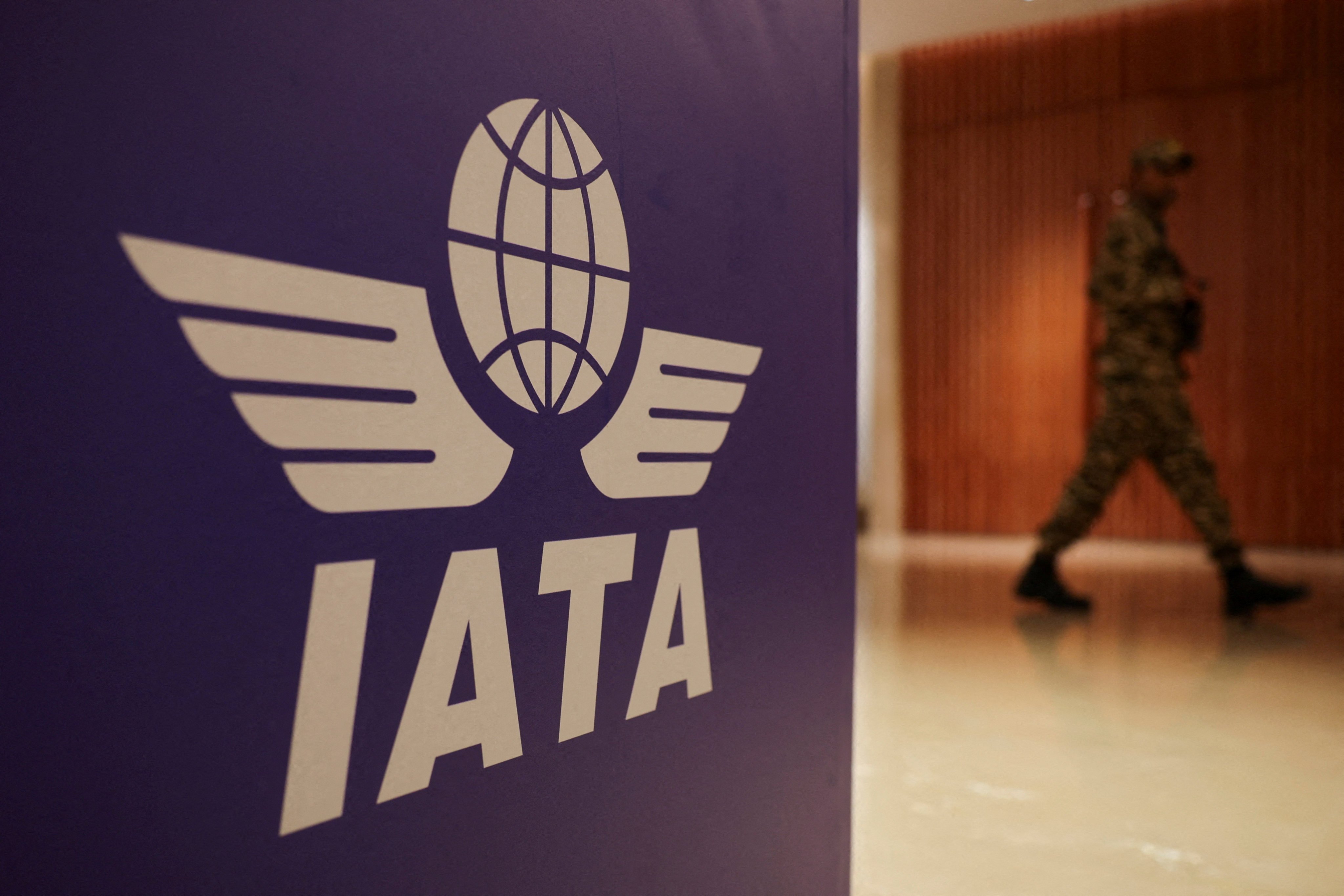 The IATA logo at the annual International Air Transport Association meeting in New Delhi, India, in June. Photo: Reuters