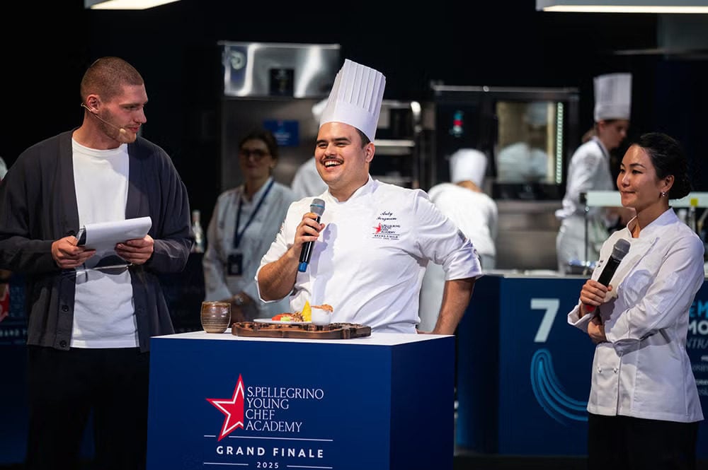 Ardy Ferguson speaks at the San Pellegrino Young Chef Academy Competition 2024-25 final in Milan. Photo: S.Pellegrino Young Chef Academy
