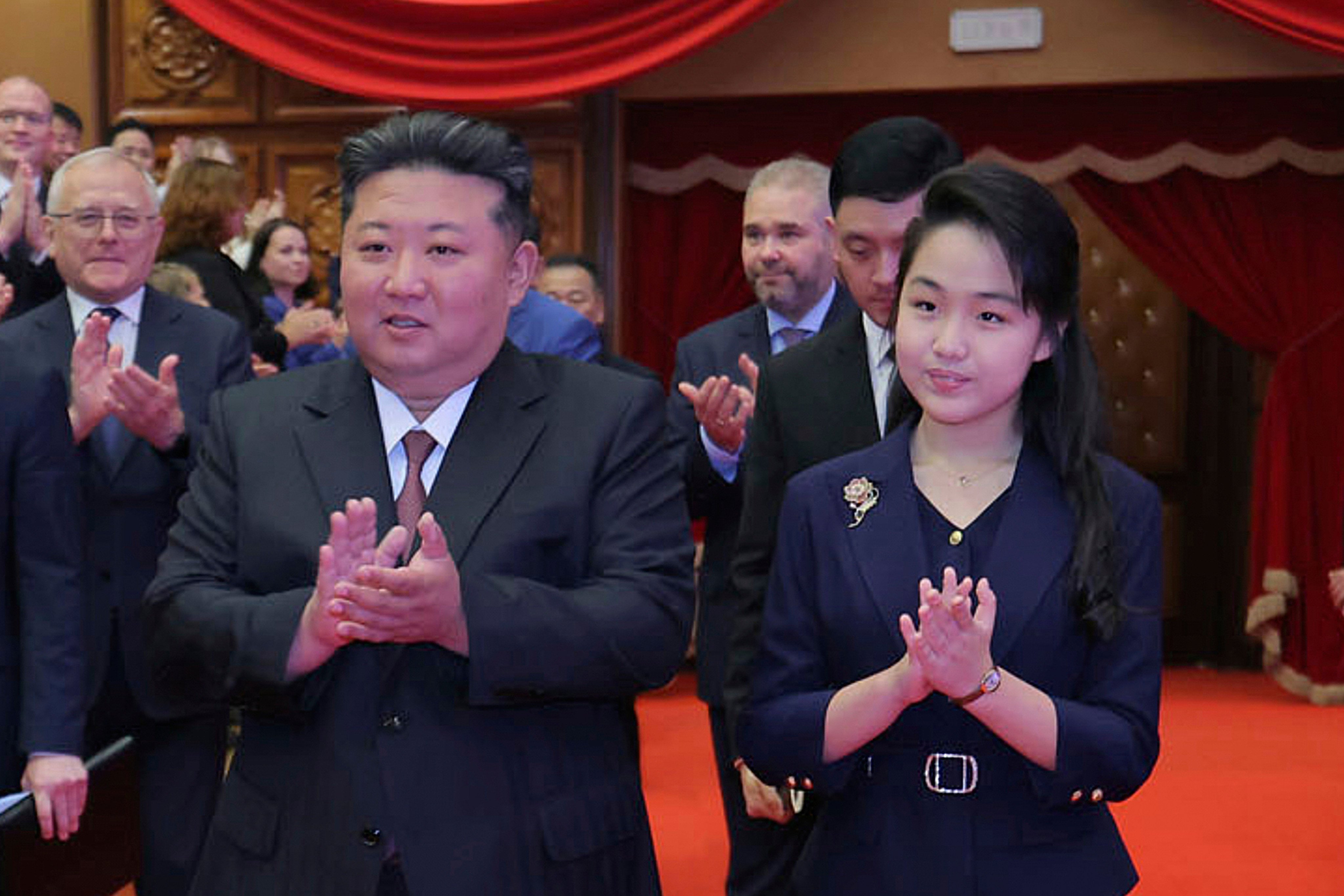 North Korean leader Kim Jong-un and daughter Ju-ae arrive at the East Pyongyang Grand Theatre on June 29. Photo: KCNA/AP