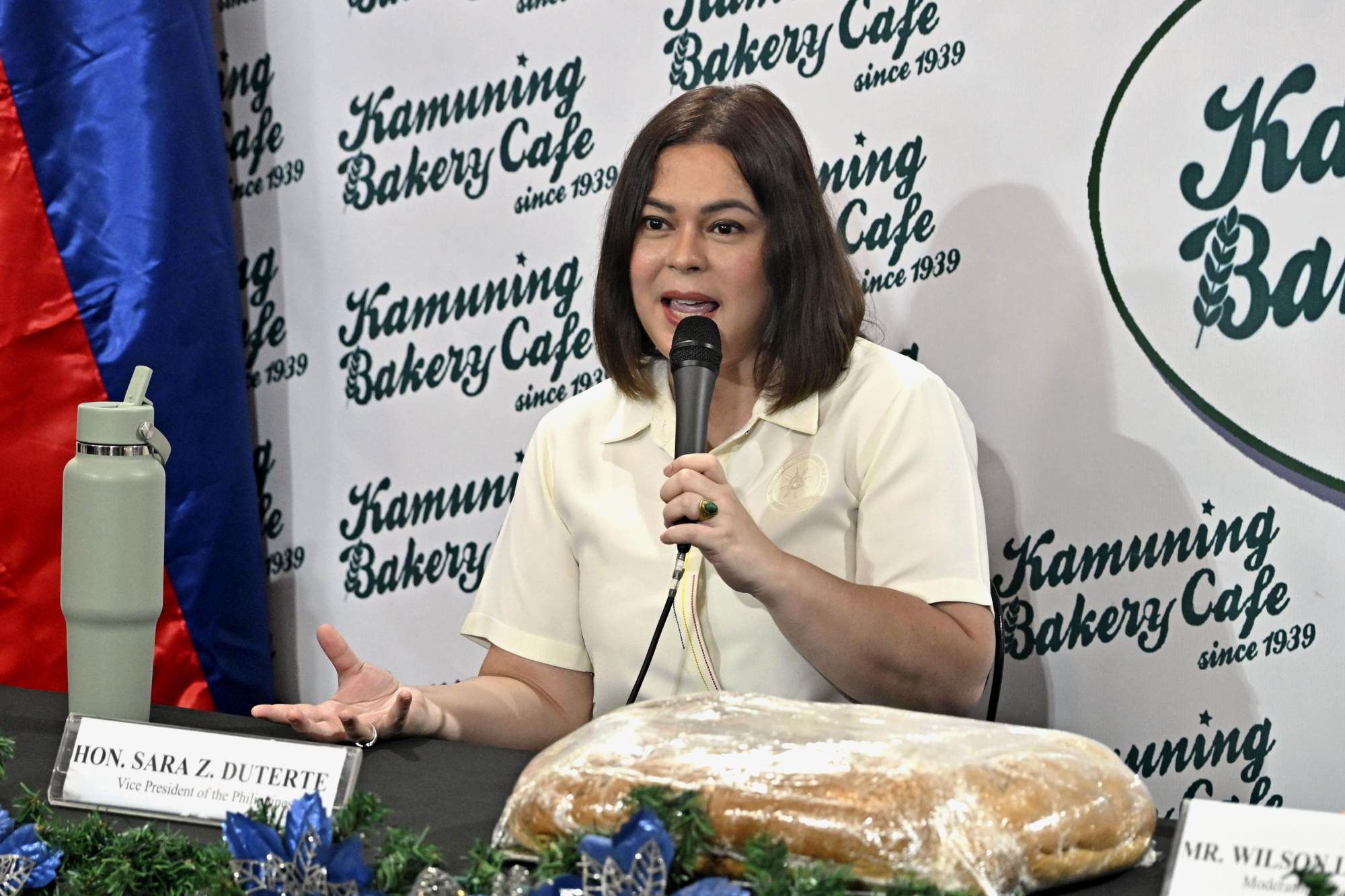 Philippine Vice-President Sara Duterte-Carpio speaks during a press conference in Manila in October. A recent survey shows only a slight decline in her trust and approval ratings. Photo: Kyodo Philippine Vice-President Sara Duterte-Carpio speaks during a press conference in Manila in October. A recent survey shows only a slight decline in her trust and approval ratings. Photo: Kyodo