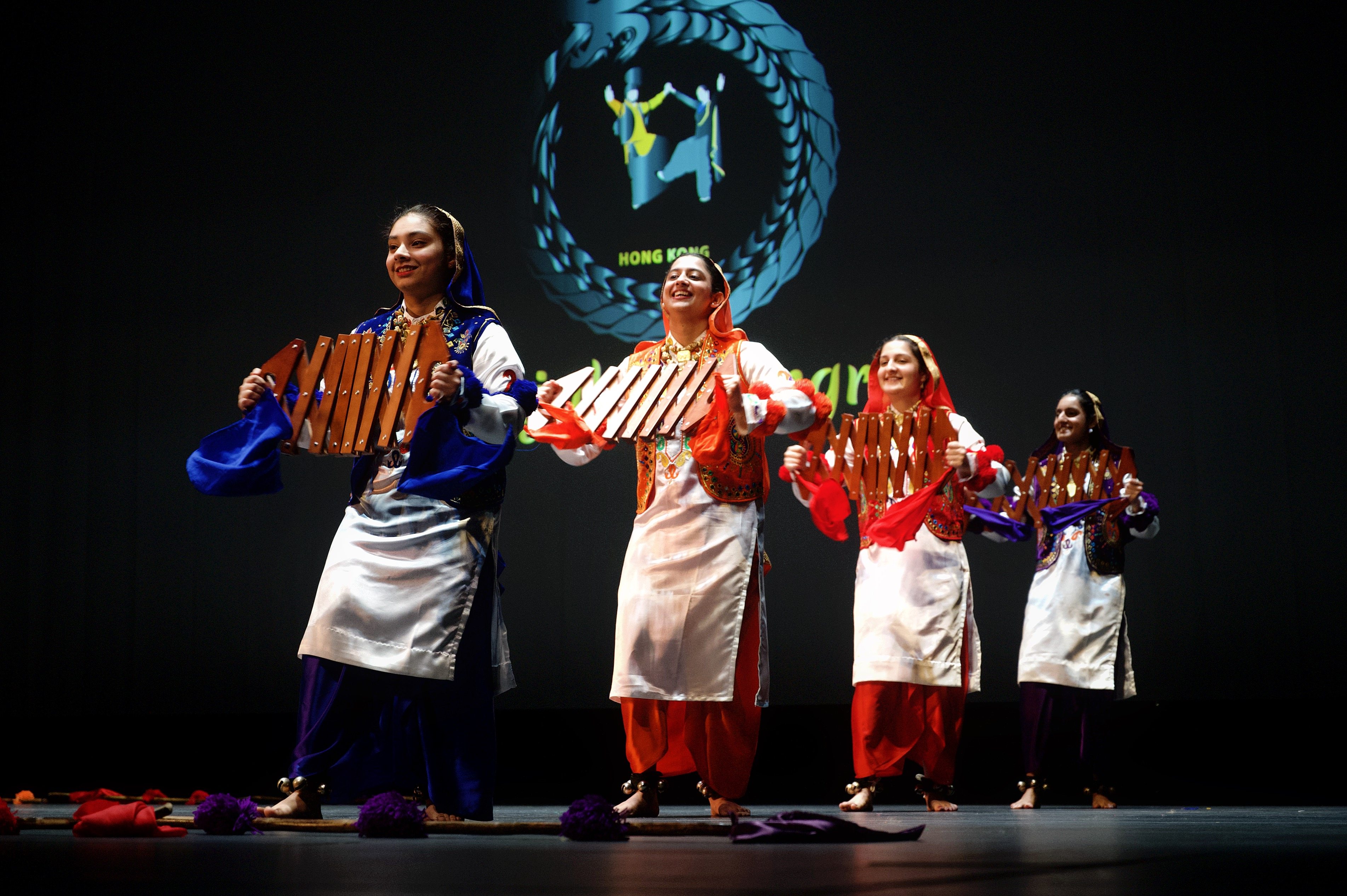 Simran Pancholi (left) and Bhavneet Kaur (second from left) of Funjabi compete in the International Bhangra competition in Hong Kong in August 2025. Photo: Handout