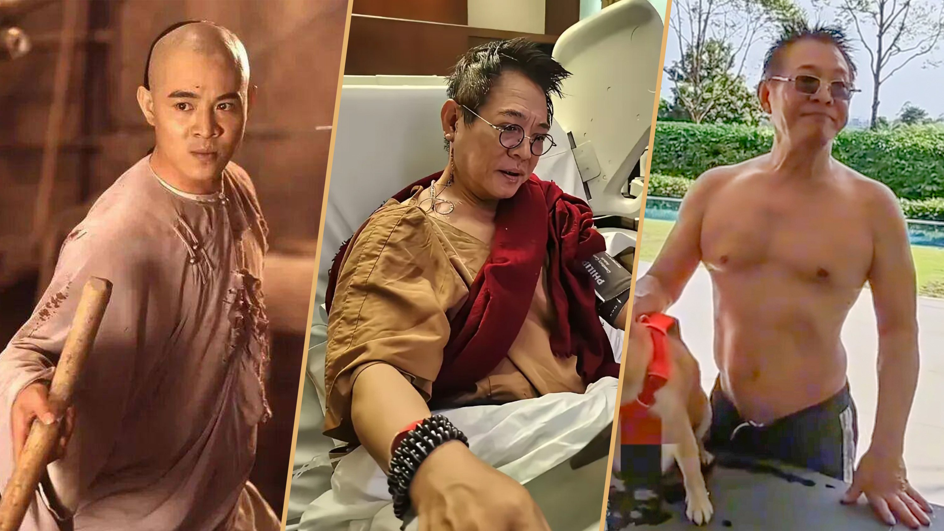 In response to recent online speculation about needing a heart transplant, martial arts legend Jet Li released a rare video to demonstrate that he does not have any surgical scars. Photo: SCMP composite/RedNote/Sohu