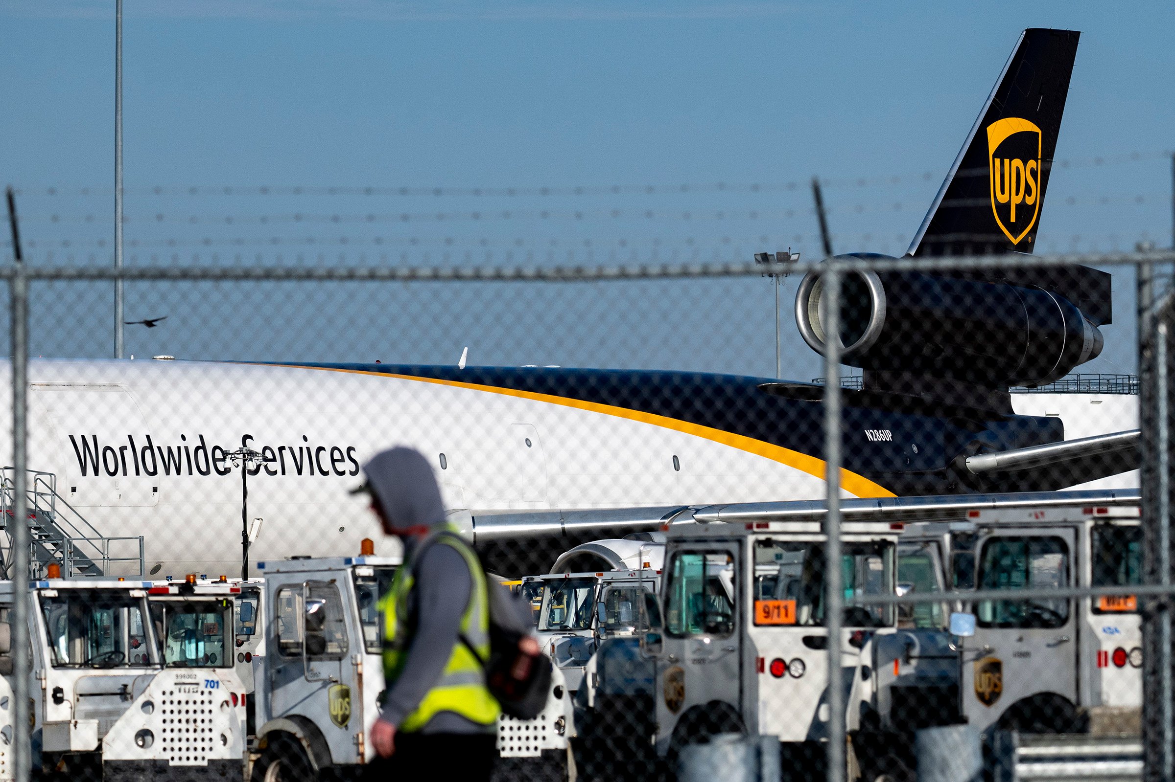 A UPS MD-11 cargo plane sits idle on the tarmac on Wednesday at Louisville’s Muhammad Ali International Airport. Photo: Getty Images/TNS
