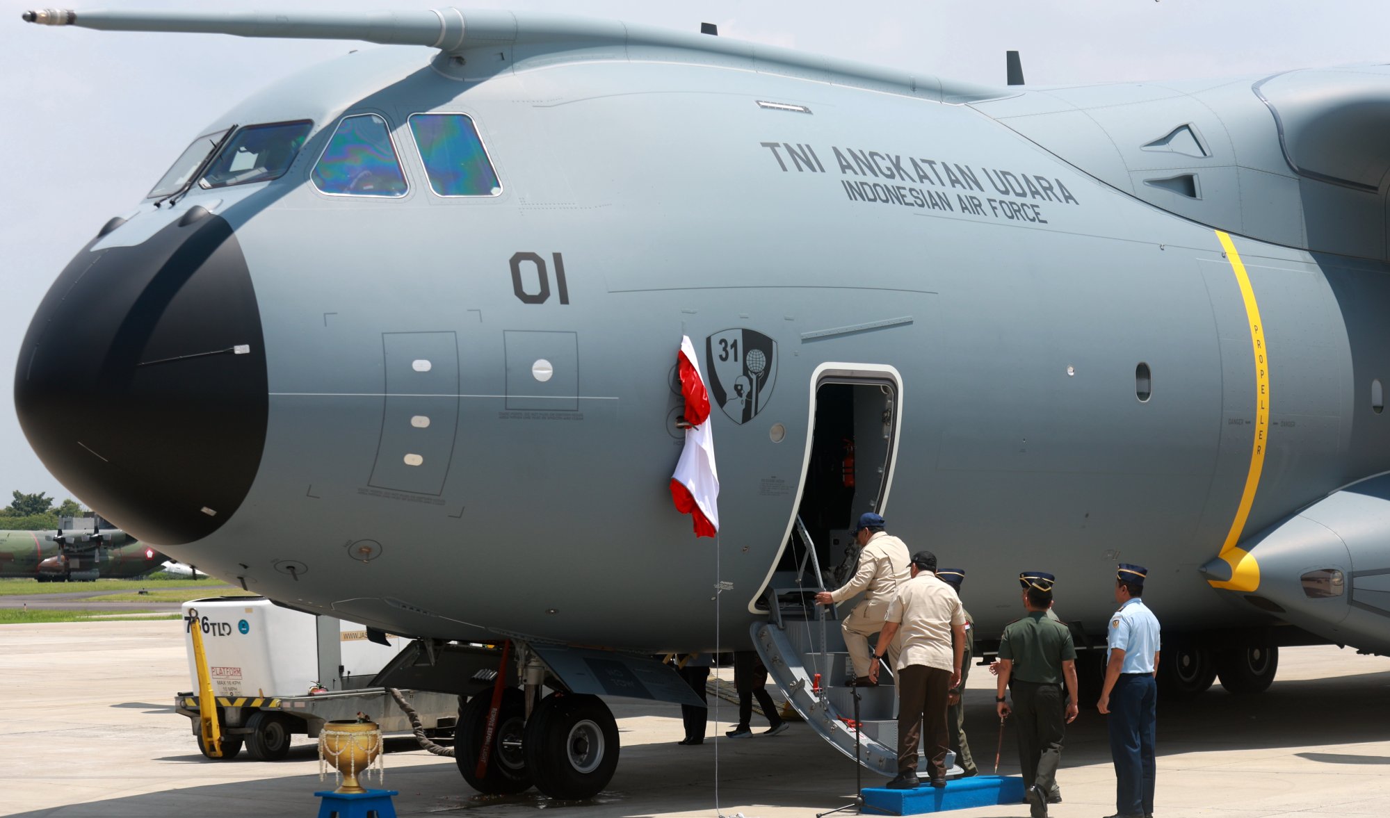 President Prabowo Subianto inspects Indonesia’s first Airbus A400M transport aircraft at a military airbase in Jakarta on Monday. Photo: EPA President Prabowo Subianto inspects Indonesia’s first Airbus A400M transport aircraft at a military airbase in Jakarta on Monday. Photo: EPA