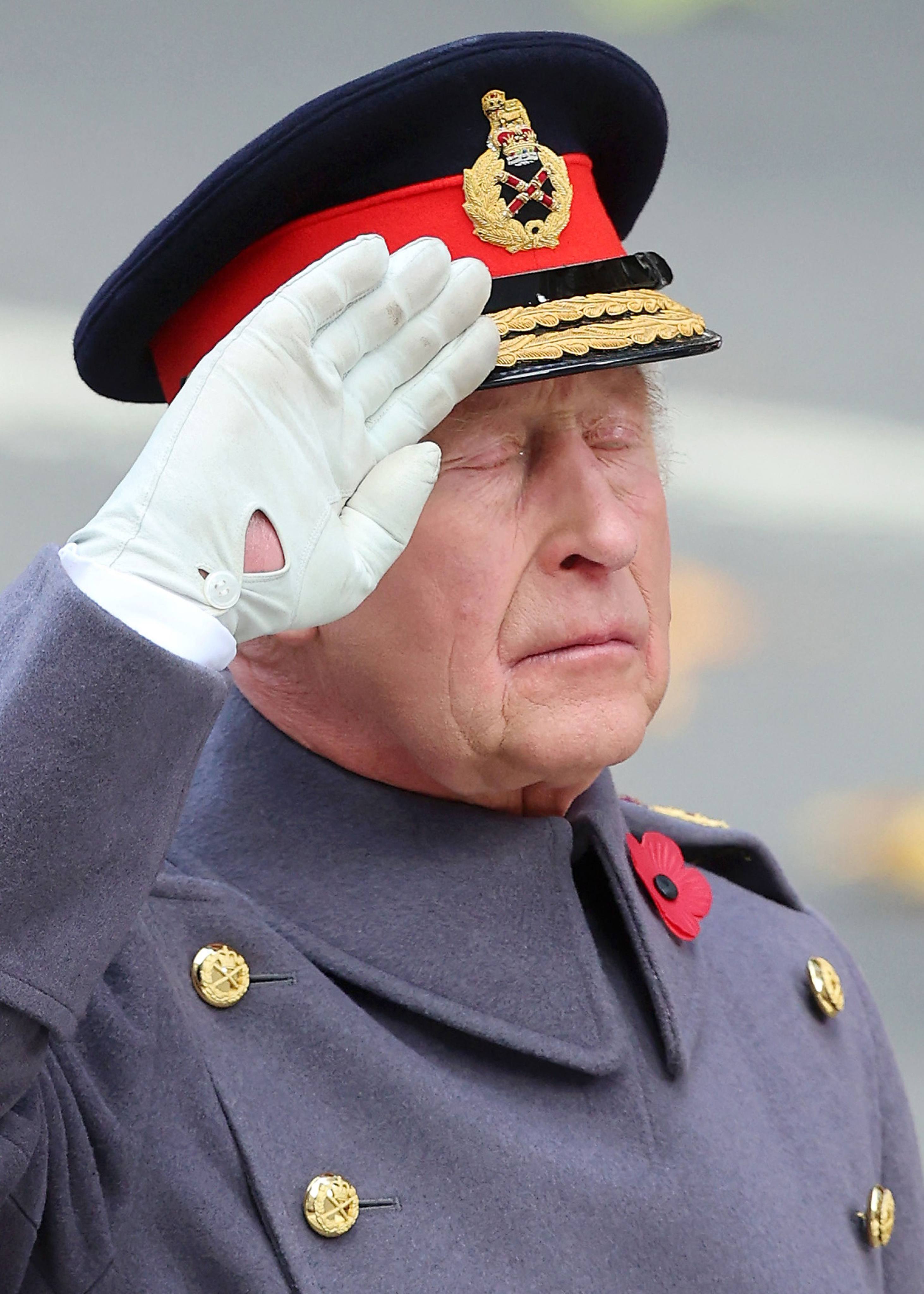 Britain’s King Charles salutes as he attends the Remembrance Sunday ceremony in London on Sunday. Photo: via AFP