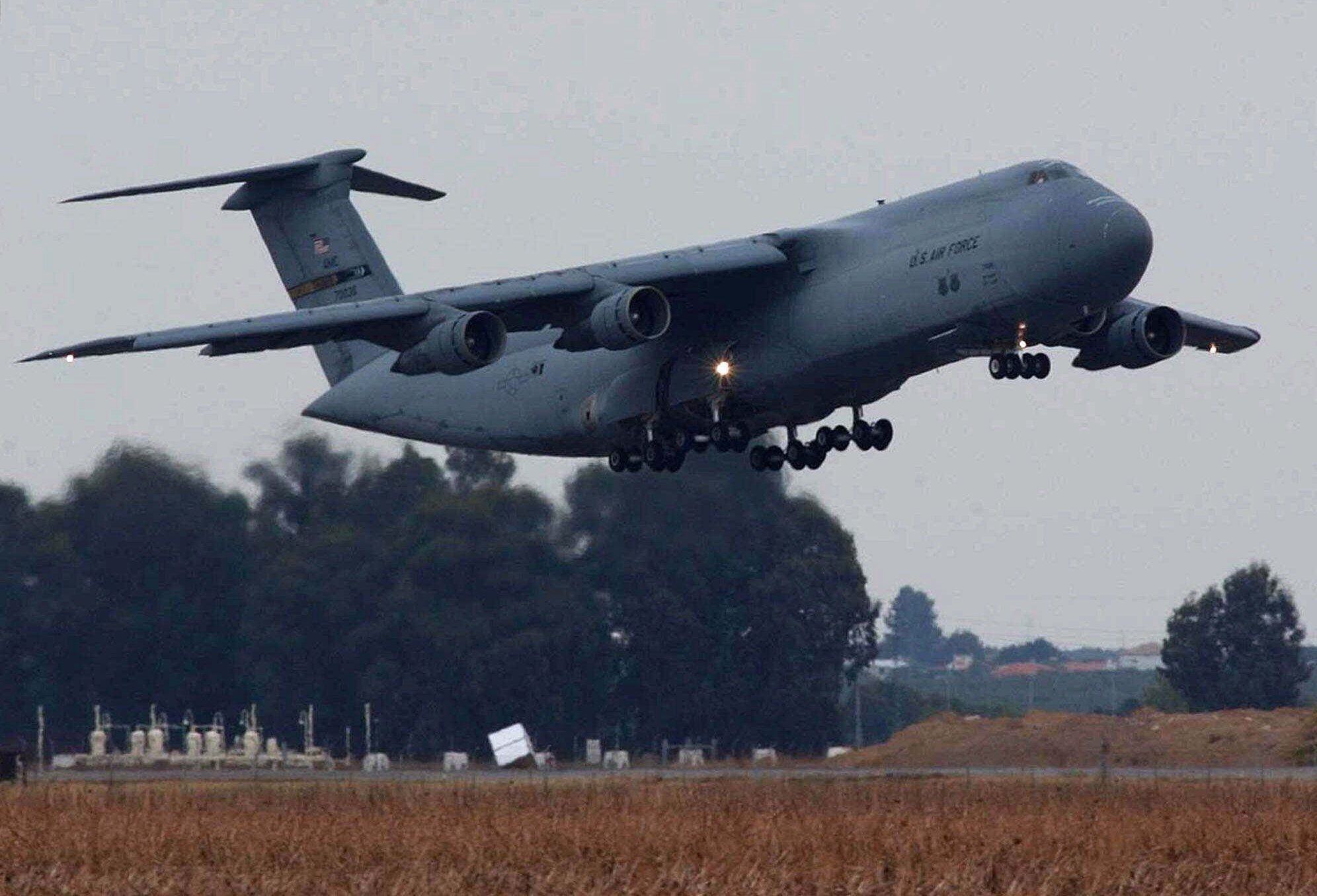 A US Air Force C-5 Galaxy takes off from the joint-use Spanish and US base in Moron, southern Spain, in September 2001. Photo: AP
