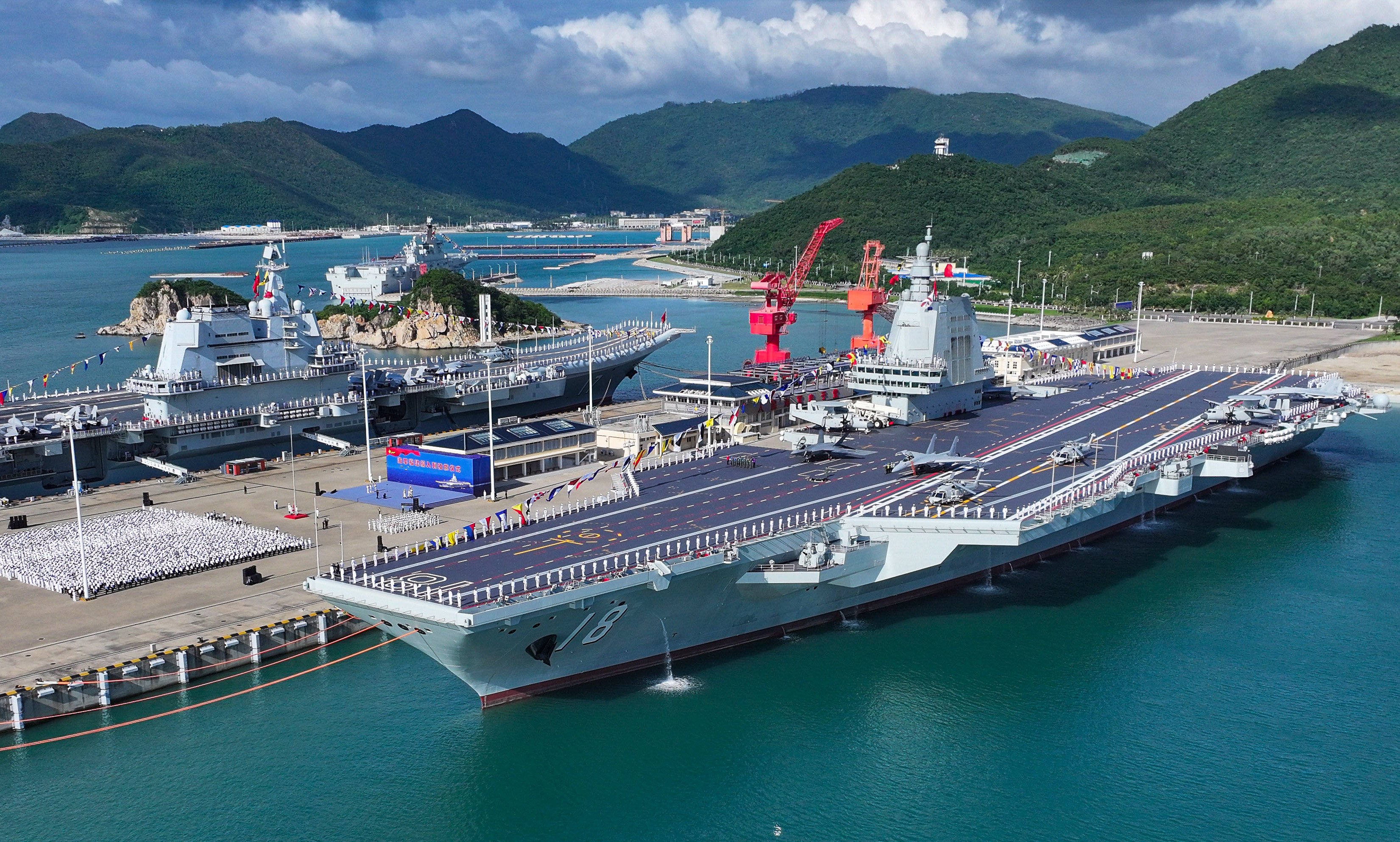 China’s Fujian aircraft carrier is commissioned at a naval port in Sanya in south China’s Hainan province on Wednesday. Photo: Xinhua