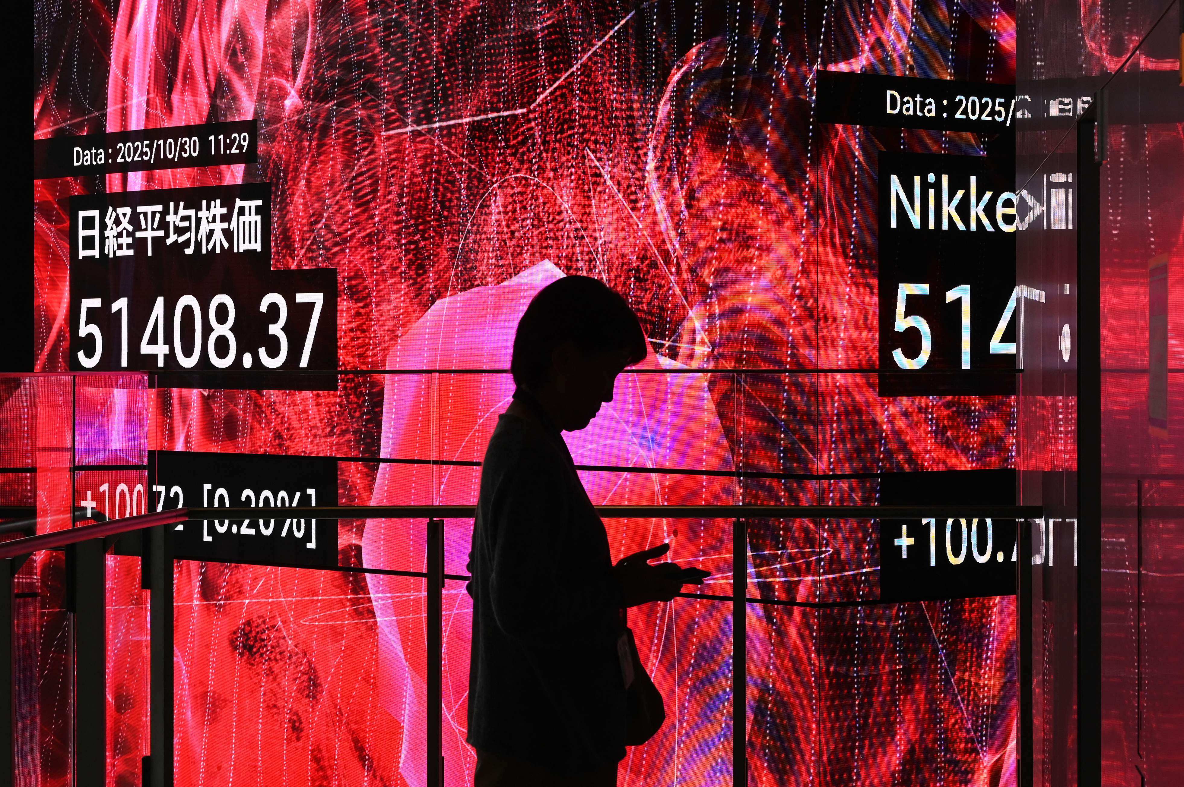 An electronic screen displays the Tokyo Stock Exchange’s Nikkei index. Photo: AFP