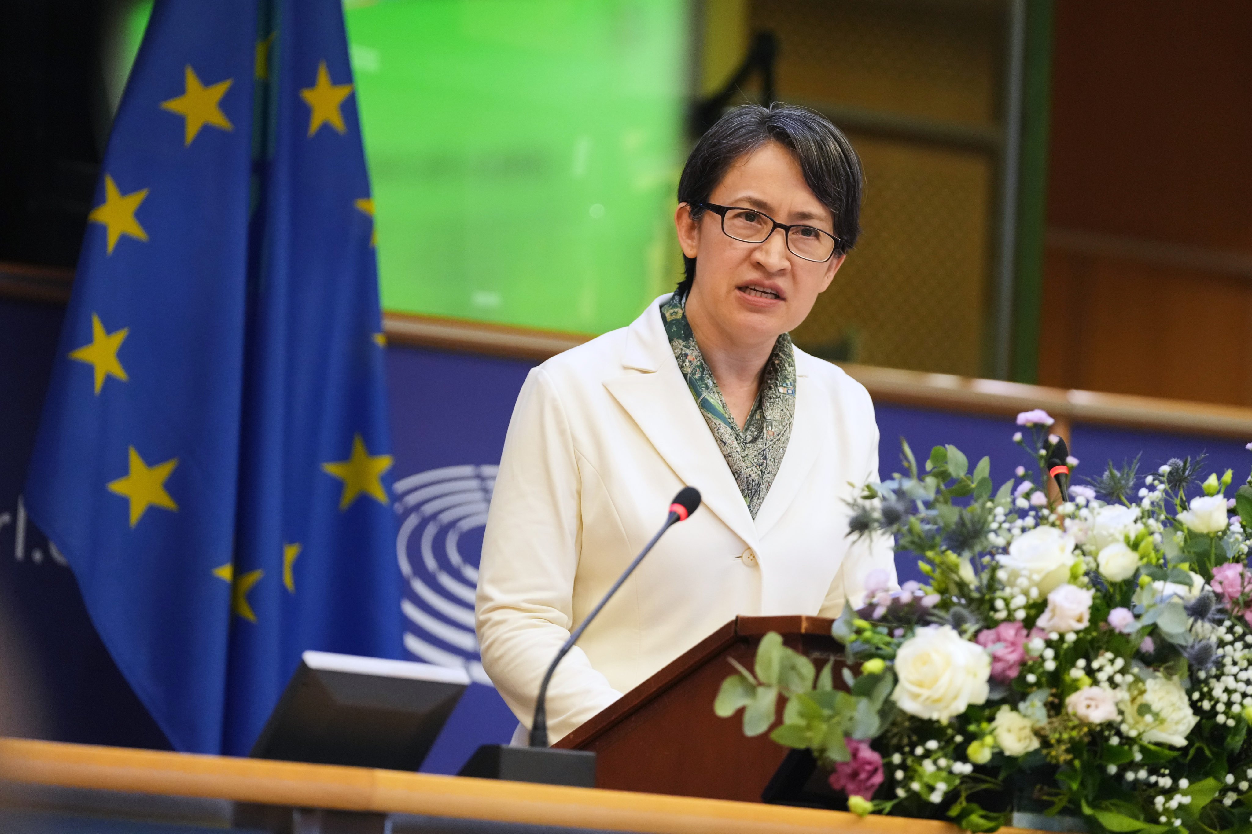Taiwan’s Vice President Bi-Khim Hsiao speaks during an event at the European Parliament in Brussels on November 7, 2025. Photo: AP