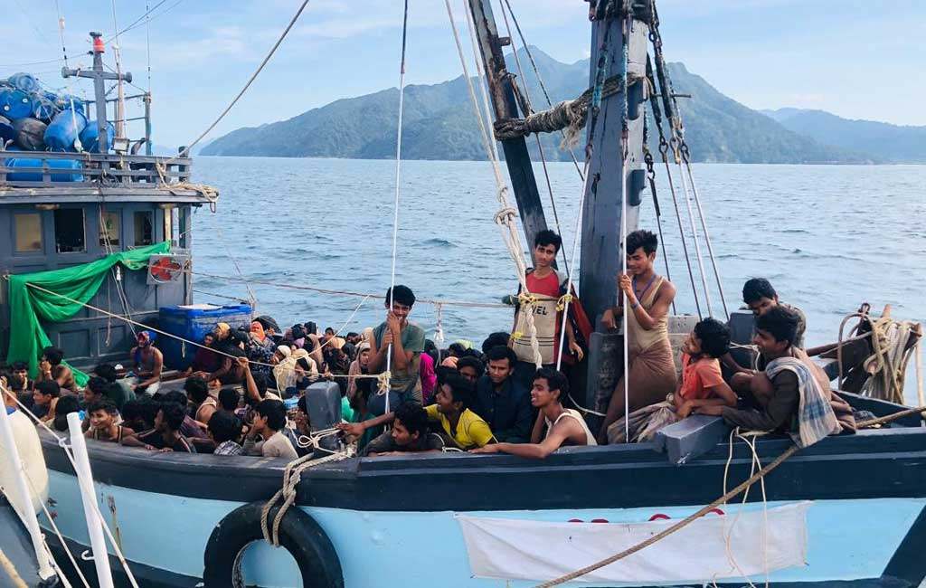 A boat carrying suspected ethnic Rohingya migrants is seen detained in Malaysian territorial waters on April 5, 2020. Photo: Reuters