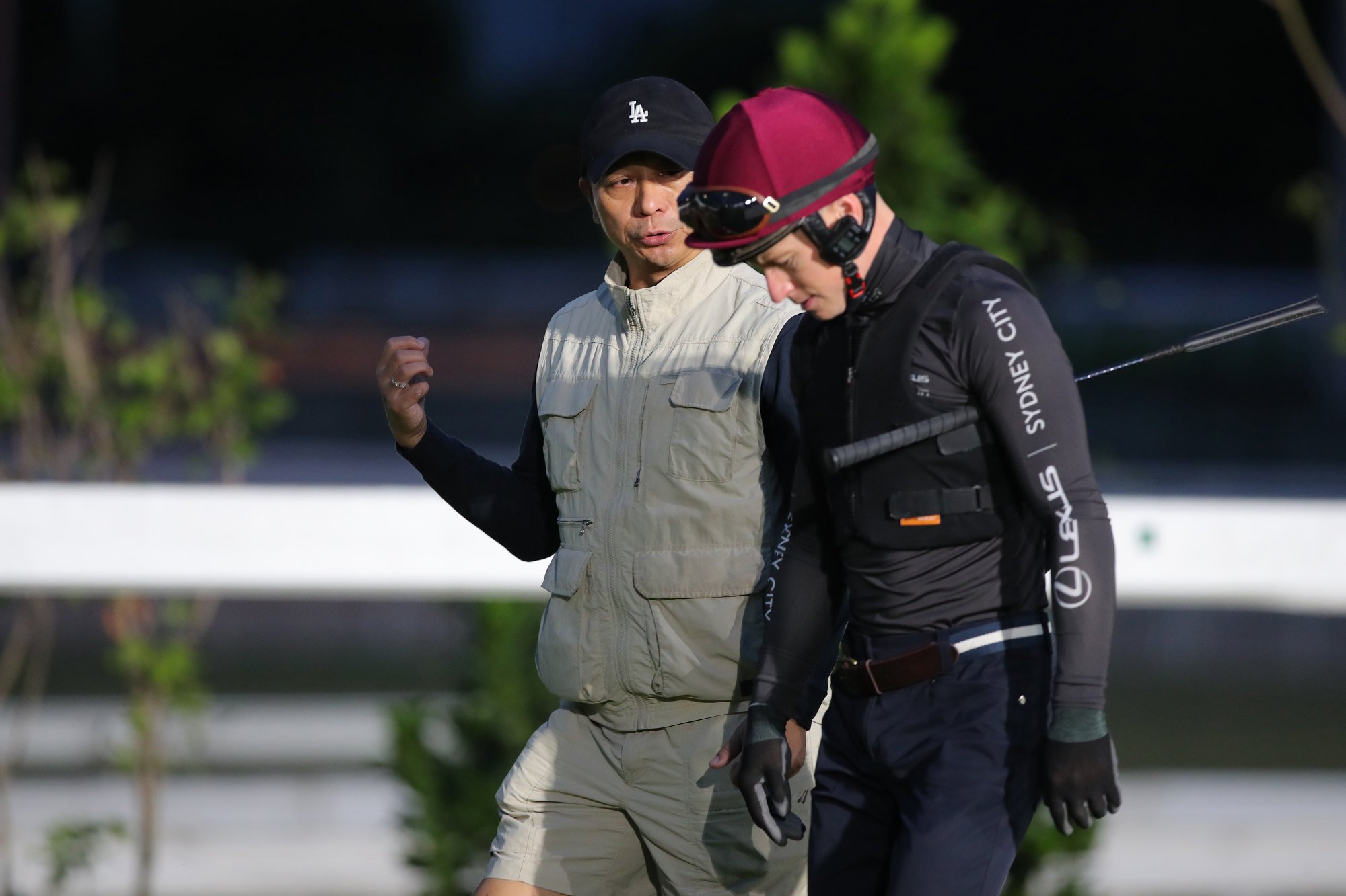 Trainer Danny Shum and jockey James McDonald after Romantic Warrior’s track gallop on Tuesday.