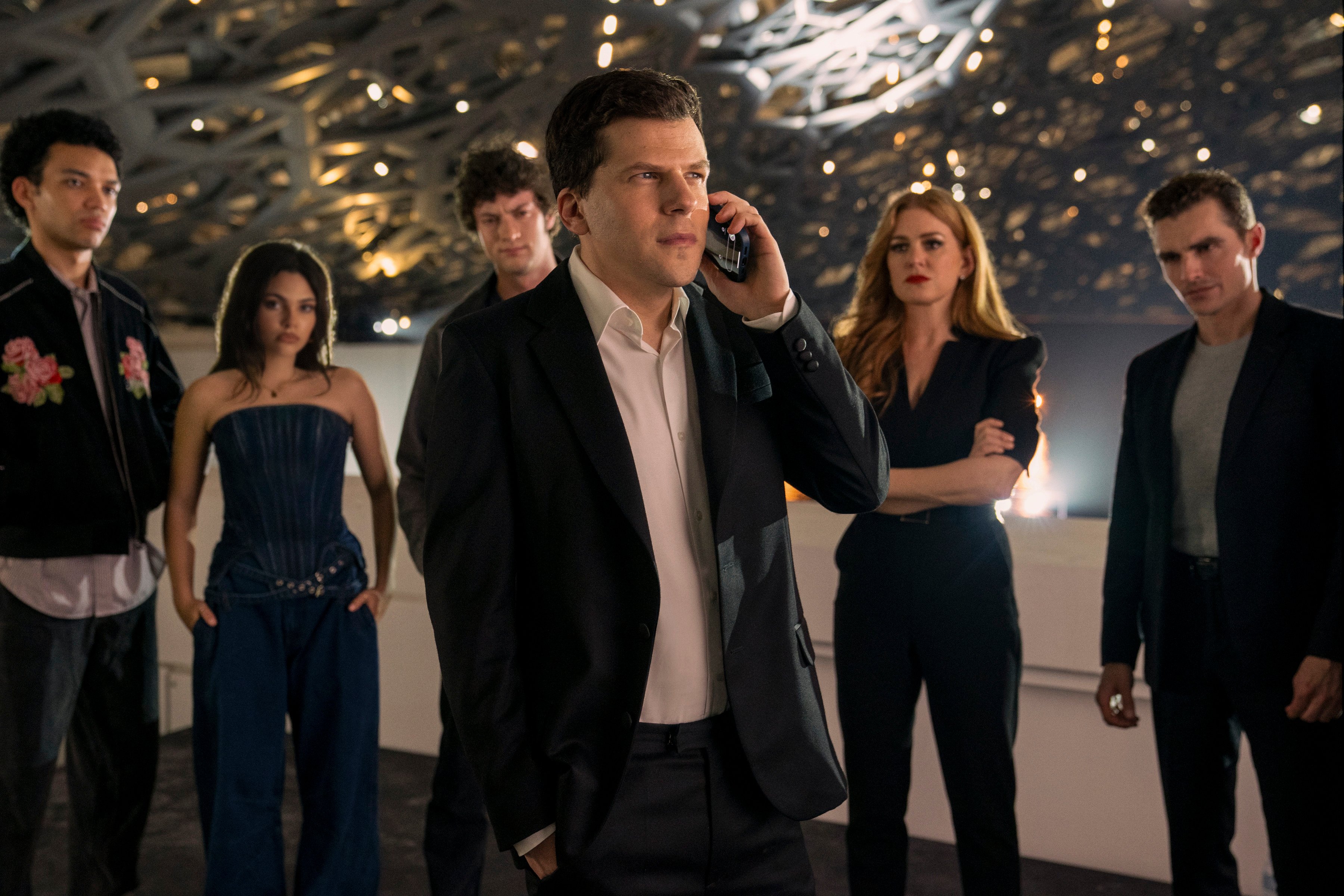 (From left) Justice Smith, Ariana Greenblatt, Dominic Sessa, Jesse Eisenberg, Isla Fisher and Dave Franco in a still from Now You See Me: Now You Don’t. Photo: Katalin Vermes/Lionsgate
