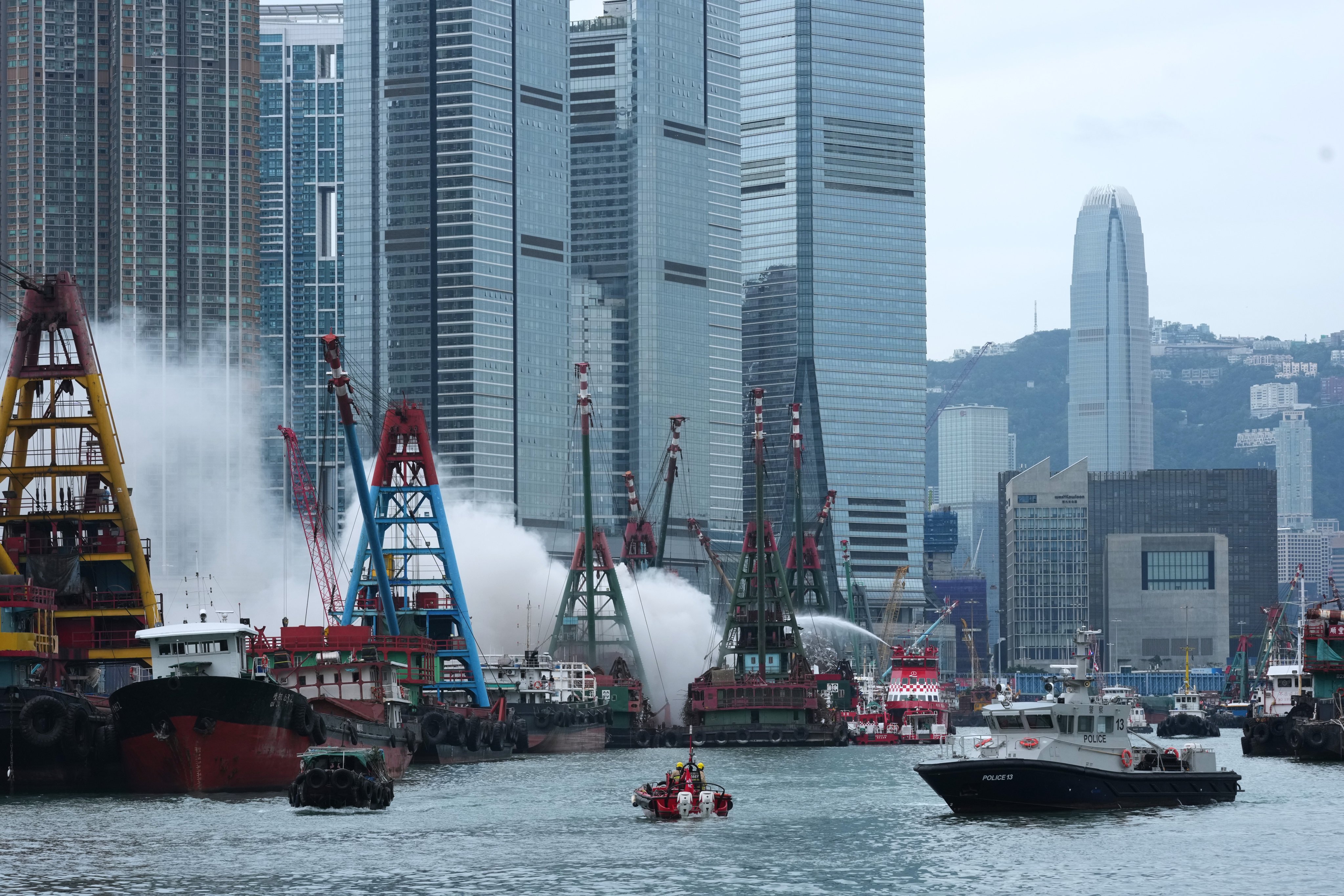 Smoke rises from a barge that caught fire at the New Yau Ma Tei Public Cargo Working Area. Photo: Jelly Tse