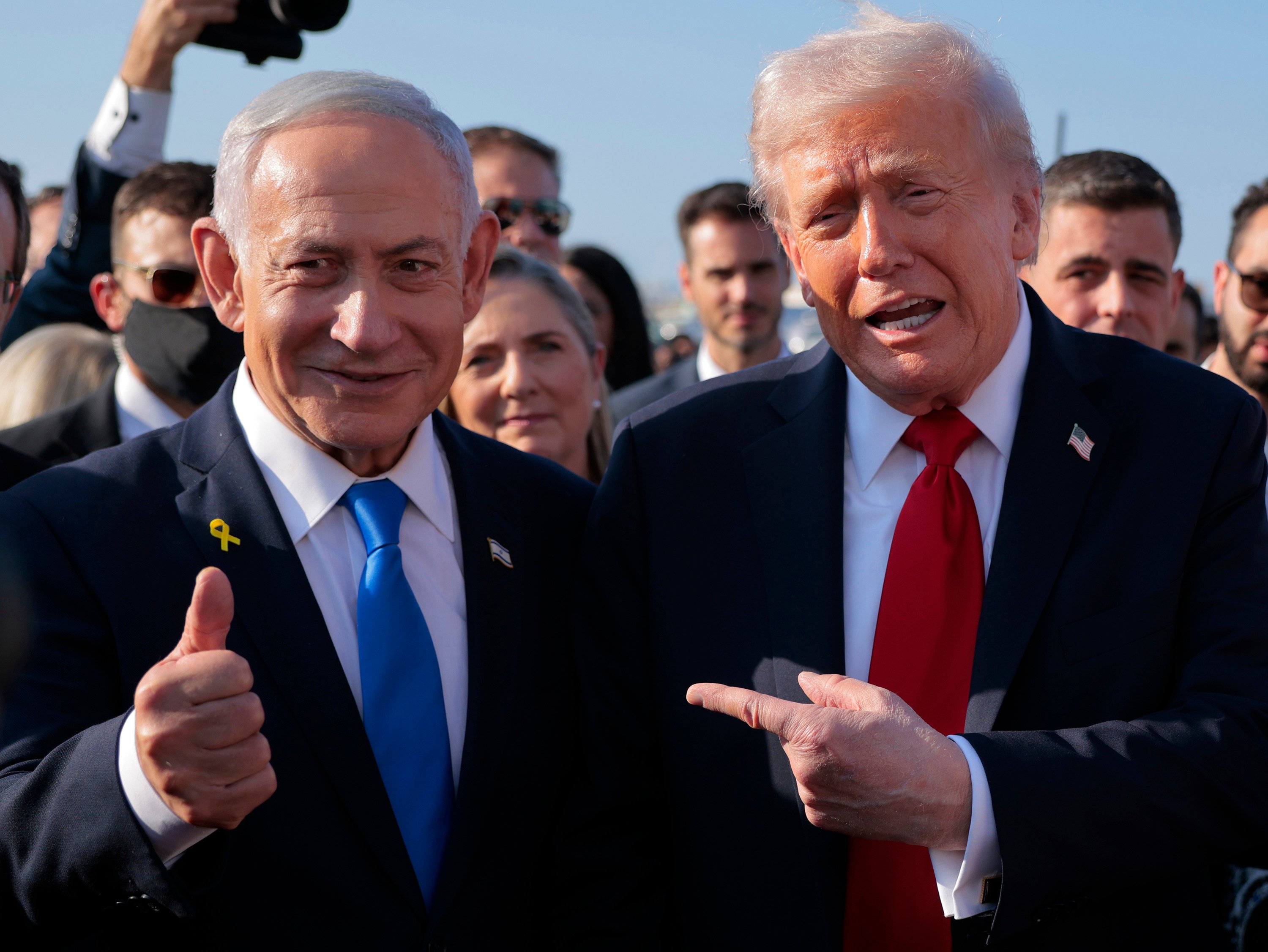 US President Donald Trump (right) speaks to Israeli Prime Minister Benjamin Netanyahu at Ben Gurion International Airport in Tel Aviv, Israel last month. Photo: TNS