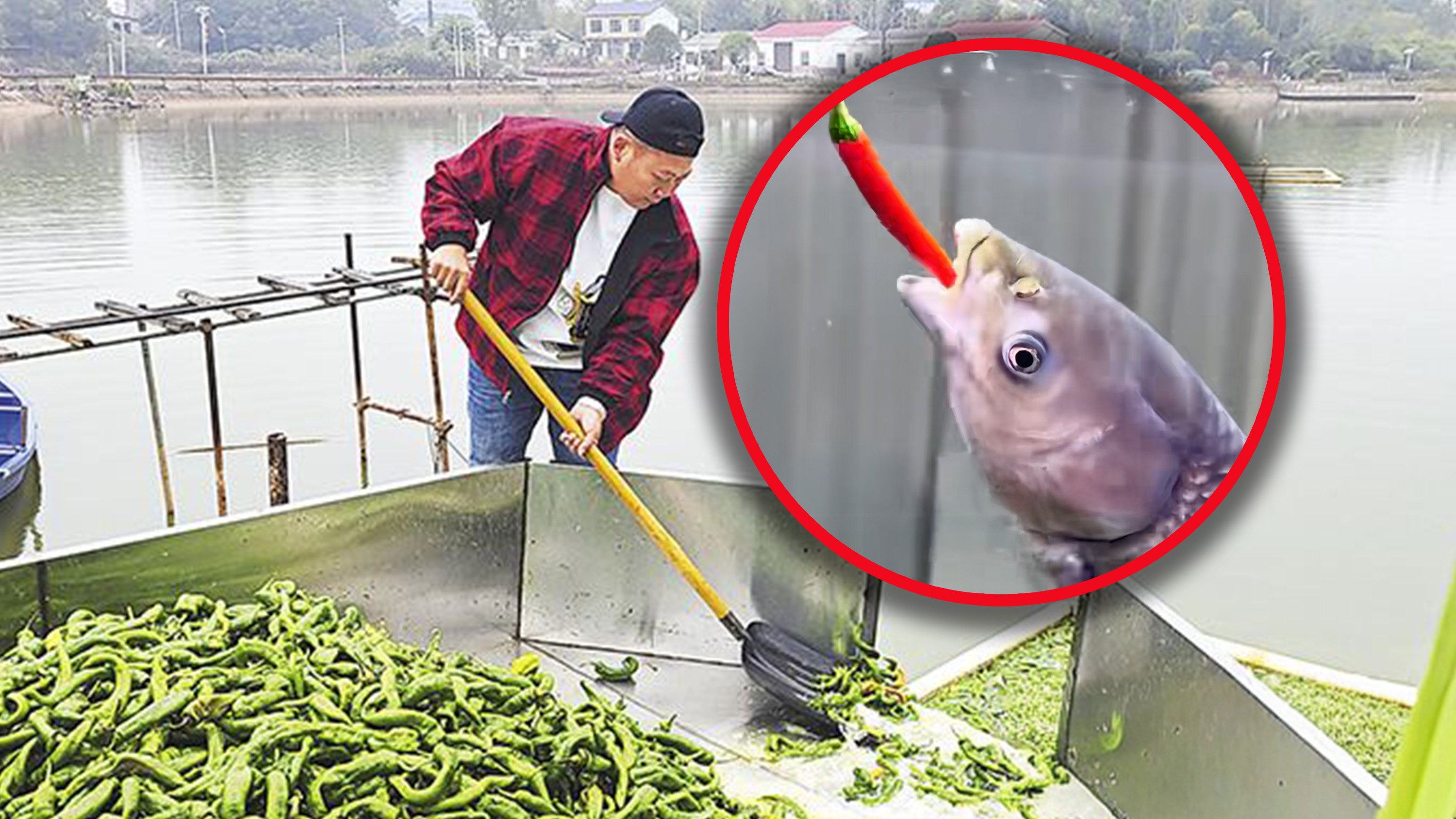 A fish pond owner in China has gained fame by feeding his fish more than 5,000kg of chilli peppers daily, claiming it makes them taste better. Photo: Sina/Douyin