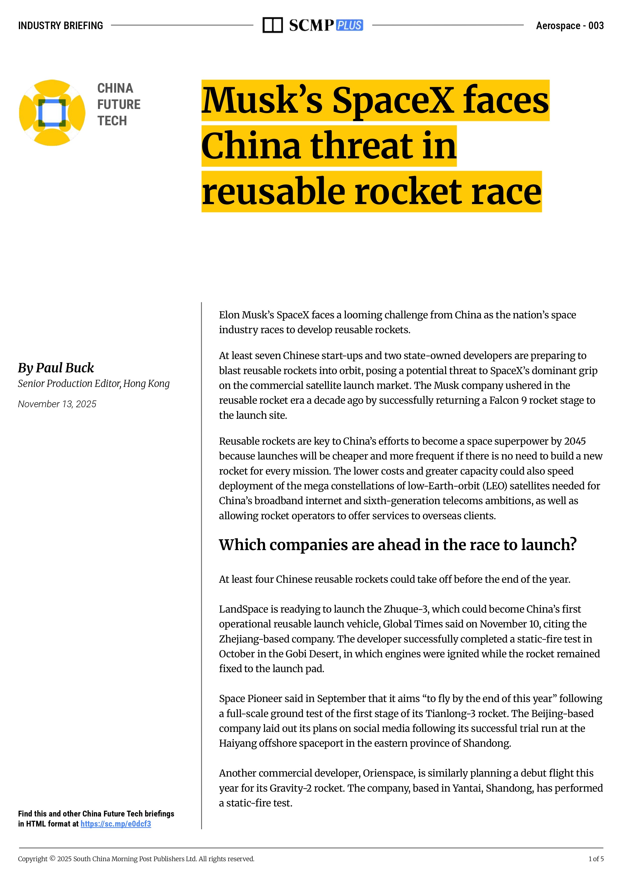 Musk’s SpaceX faces China threat in reusable rocket race